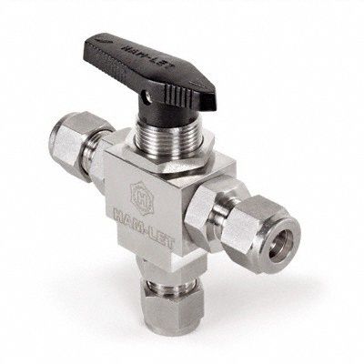 Manual Three-Way Ball Valve: 8 mm, 316 Stainless Steel, L Flow, Full Port Ball Port, Lever