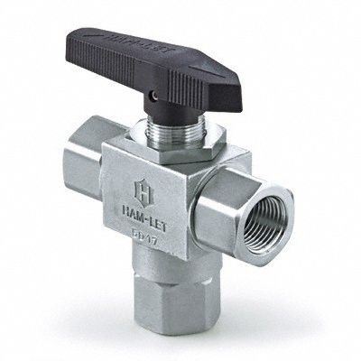 Manual Three-Way Ball Valve: 1/4 in, 316 Stainless Steel, L Flow, FNPT x FNPT x FNPT, Lever