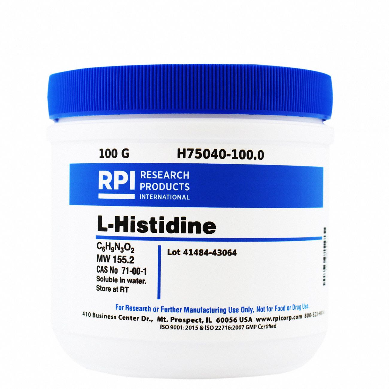 L-Histidine: USP, 100 g, 71-00-1, Powder, 18 mo Shelf Life, 1
