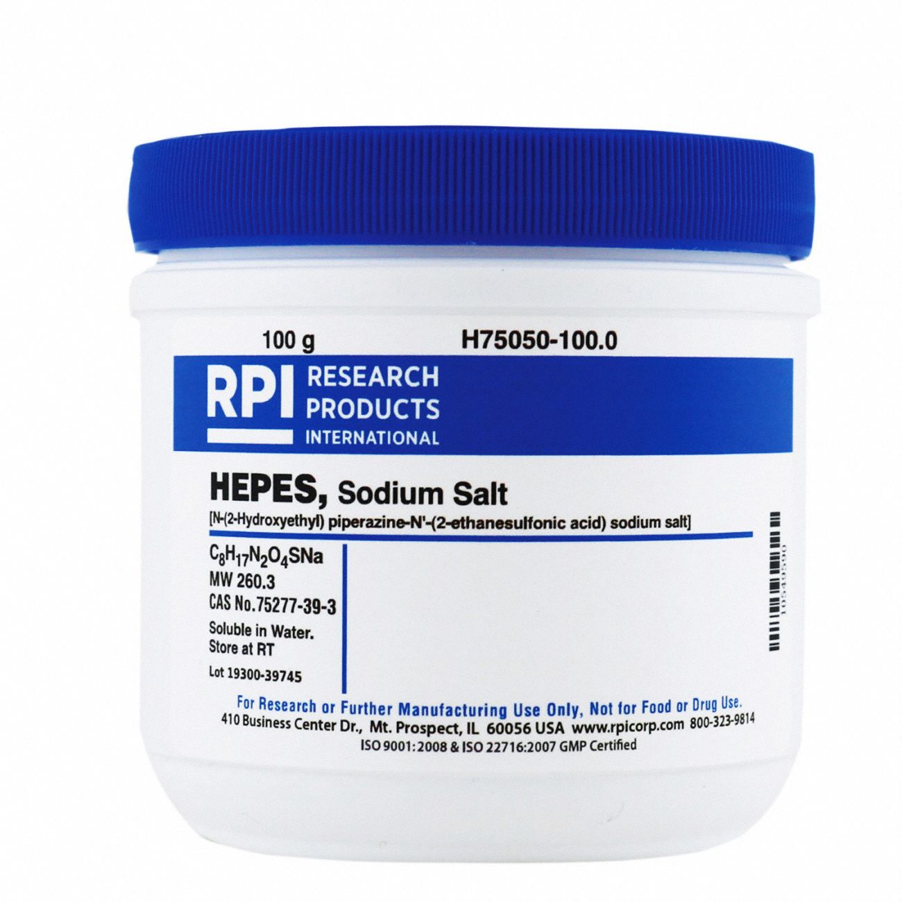 RPI HEPES Sodium Salt H75050, 75277393, 260.3, C8H17N2O4SNa, 100 g
