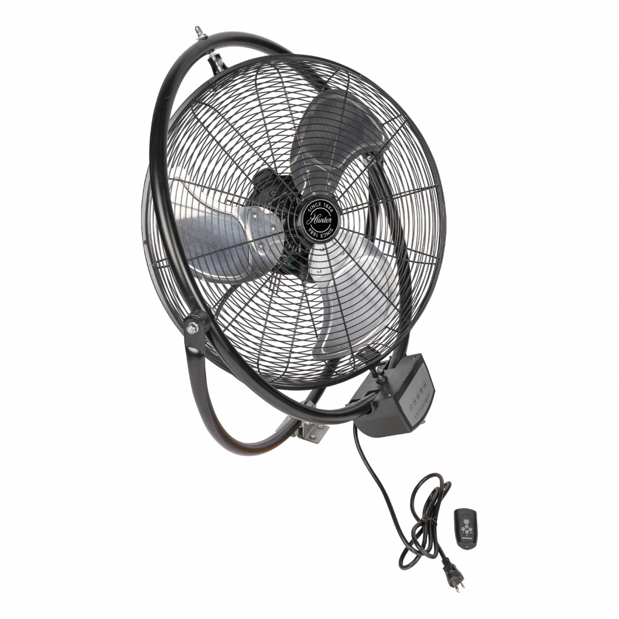 HUNTER Mounted Fan: 20 in Blade Dia, 120V AC, 1/4 hp Motor HP, Wall Mount, Oscillating (MPN HAC-ORB20). Key specifications — Brand: HUNTER; Voltage: 120V AC; Number of Speeds: 3; Fan Mounting Location: Wall; Oscillation: Oscillating.