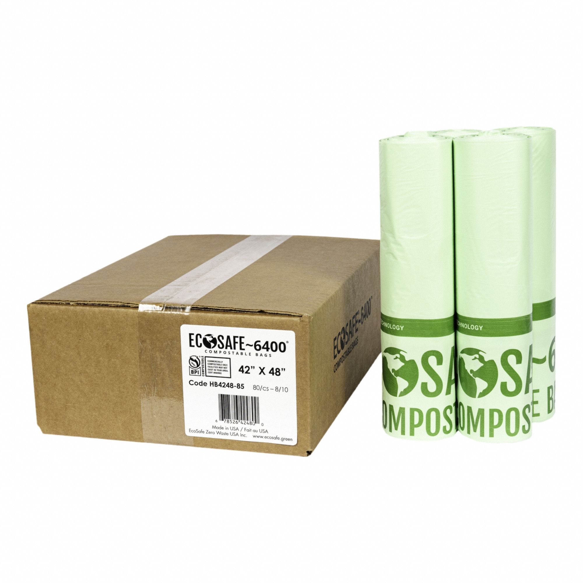 Compostable Trash Bags: 55 gal Capacity, 42 in Wd, 48 in Ht, 0.85 mil Thick, 80 PK