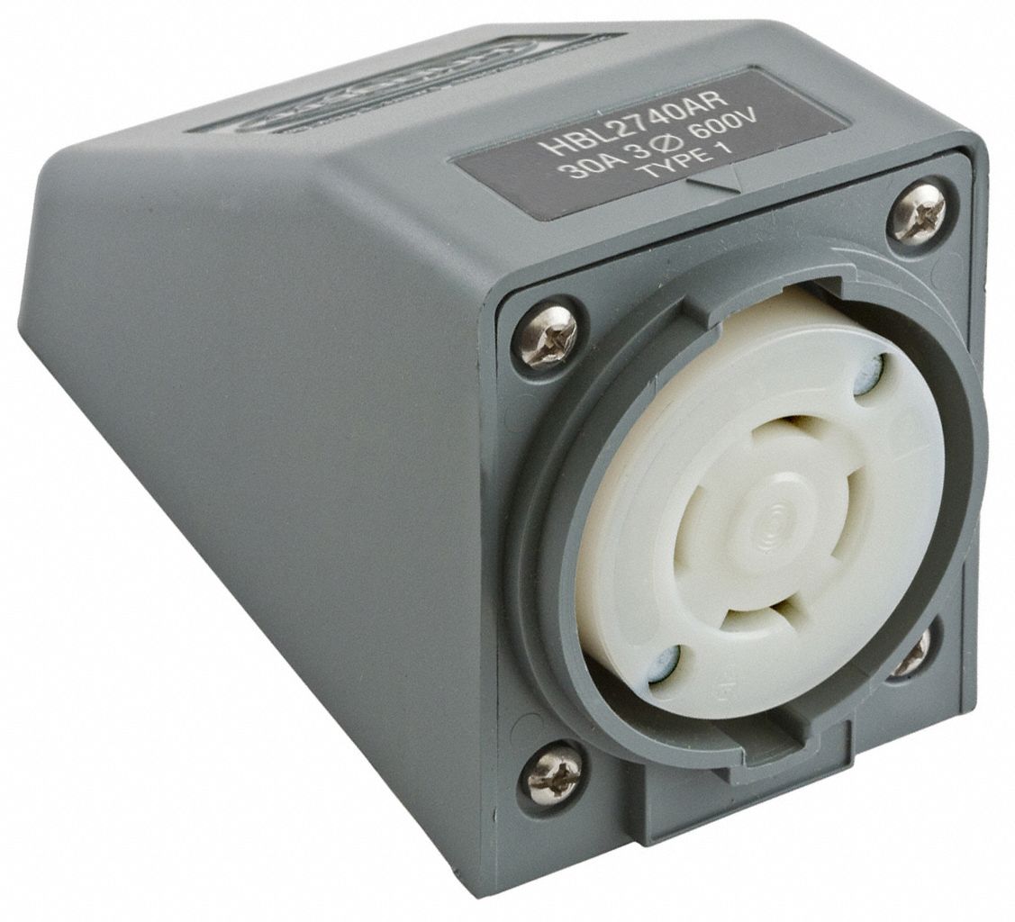 ANGLE LOCKING RECEPTACLE, 600 V AC, GREY, 3 POLES, 1 GANG, -40 ° C TO 85 ° C, 3 PHASE, #16 TO #8 AWG