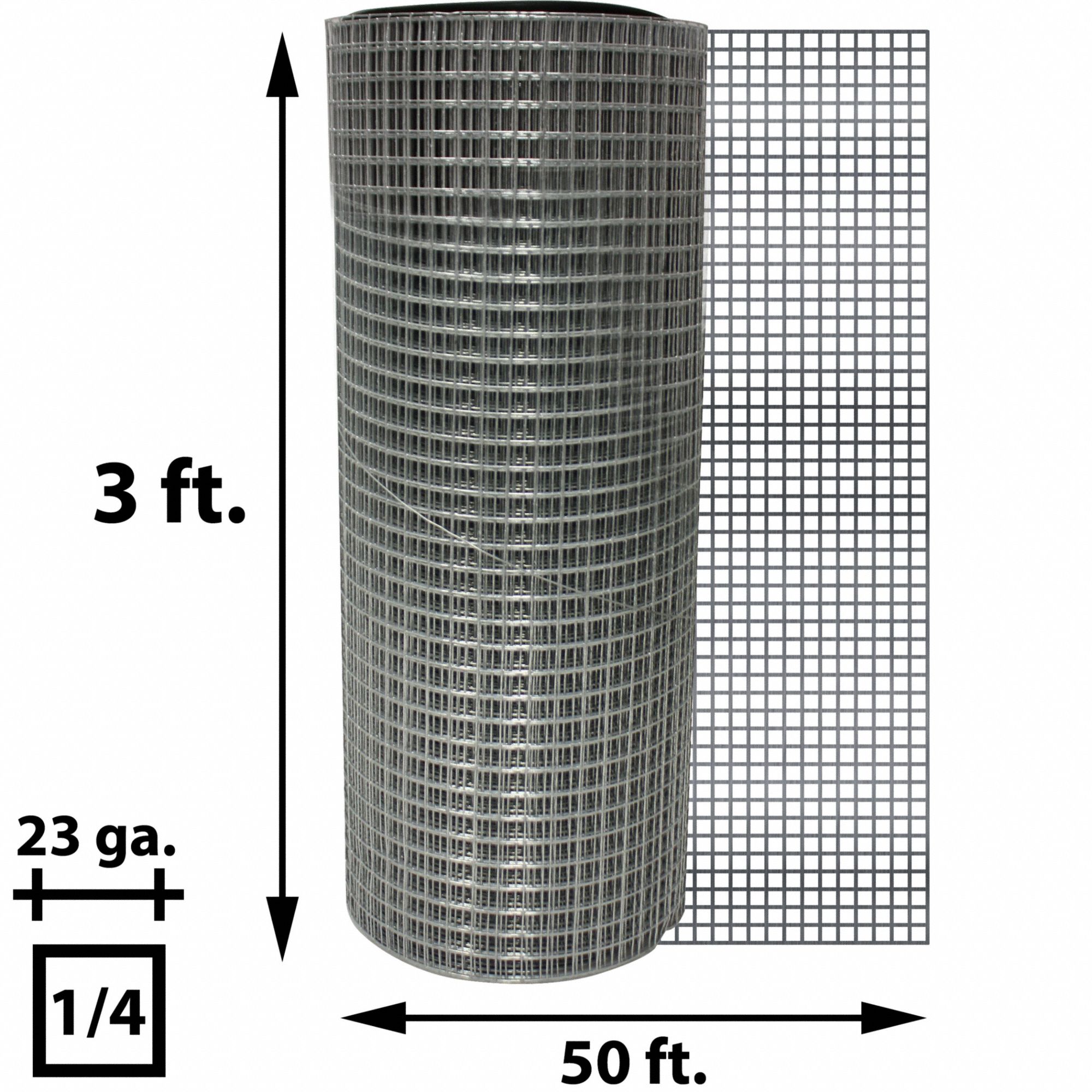 Carbon Steel Hardware Cloth: 0.25 in Opening Size, 1/4 x 1/4 Mesh Size, 50 ft L, 36 in W, Welded