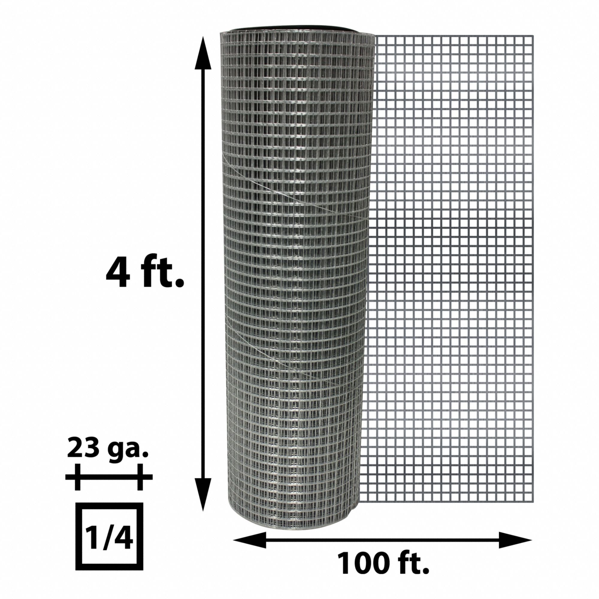 Carbon Steel Hardware Cloth: 0.25 in Opening Size, 1/4 x 1/4 Mesh Size, 100 ft L, 4 ft W, Welded