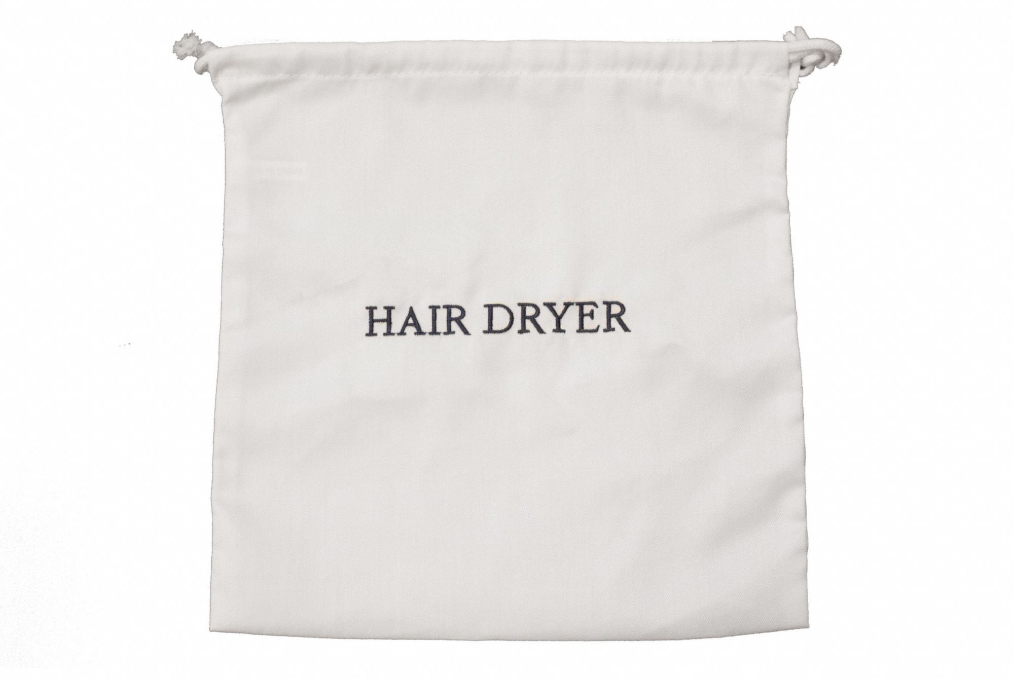 Hair Dryer Bag: White w/Navy Embroidery, 12 in Overall Wd, Cotton/Poly Blend