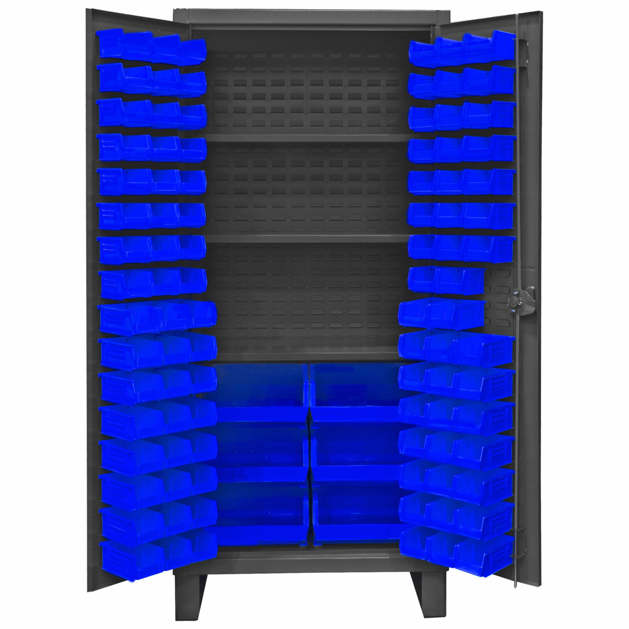 Bin Cabinet: 36 in x 24 in 78 in, 3 Shelves, 102 Bins, Blue, Flush, 12 ga Panel, Gray