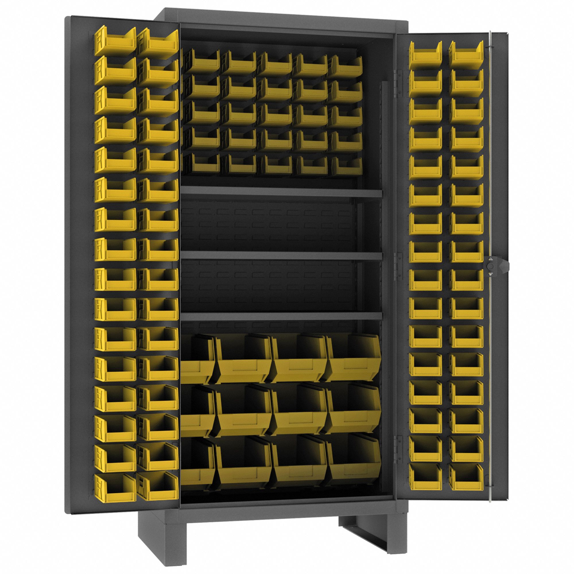 Bin Cabinet: 36 in x 24 in 78 in, 3 Shelves, 108 Bins, Yellow, Flush, 12 ga Panel, Gray