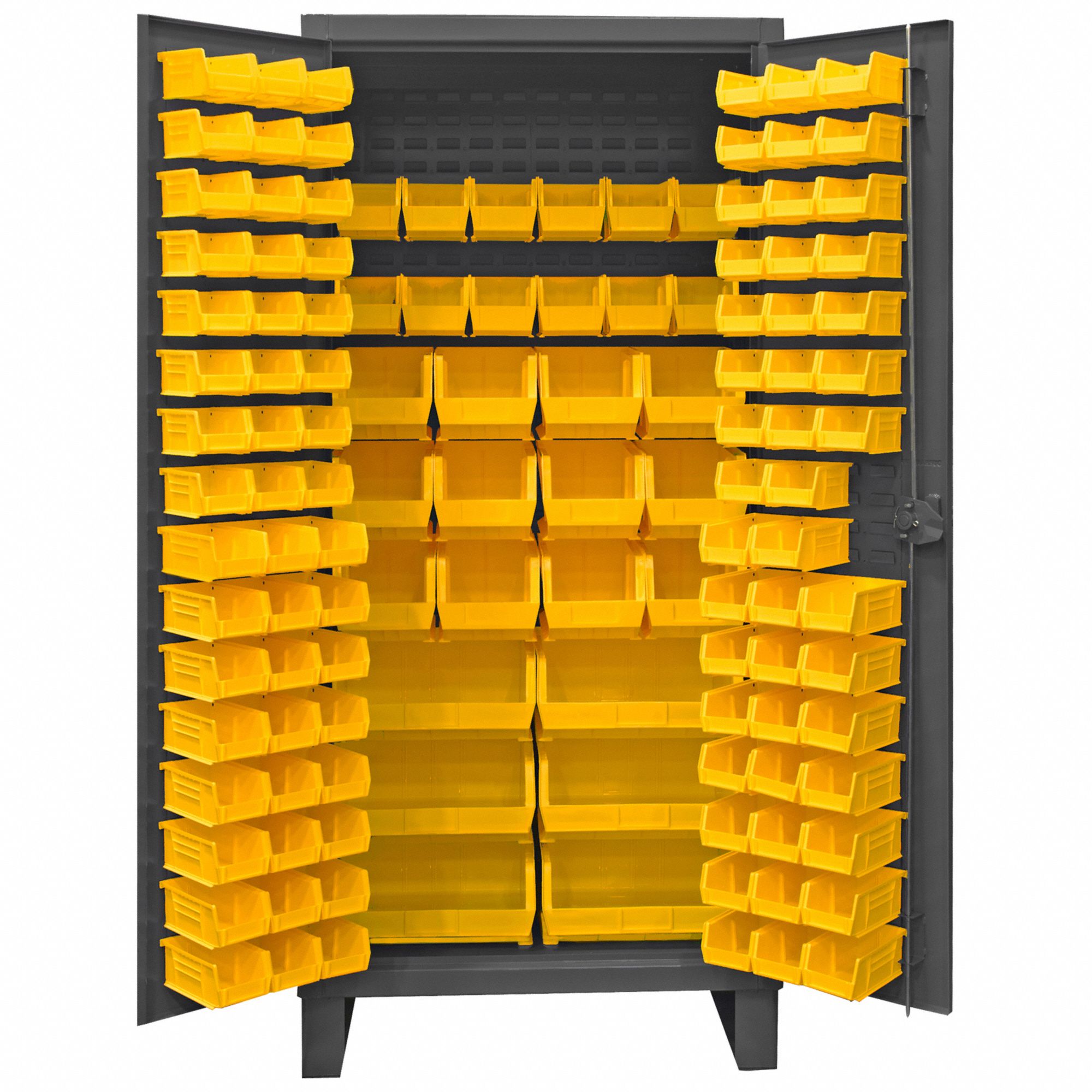Bin Cabinet: 36 in x 24 in 78 in, 0 Shelves, 126 Bins, Yellow, Flush, 12 ga Panel, Gray