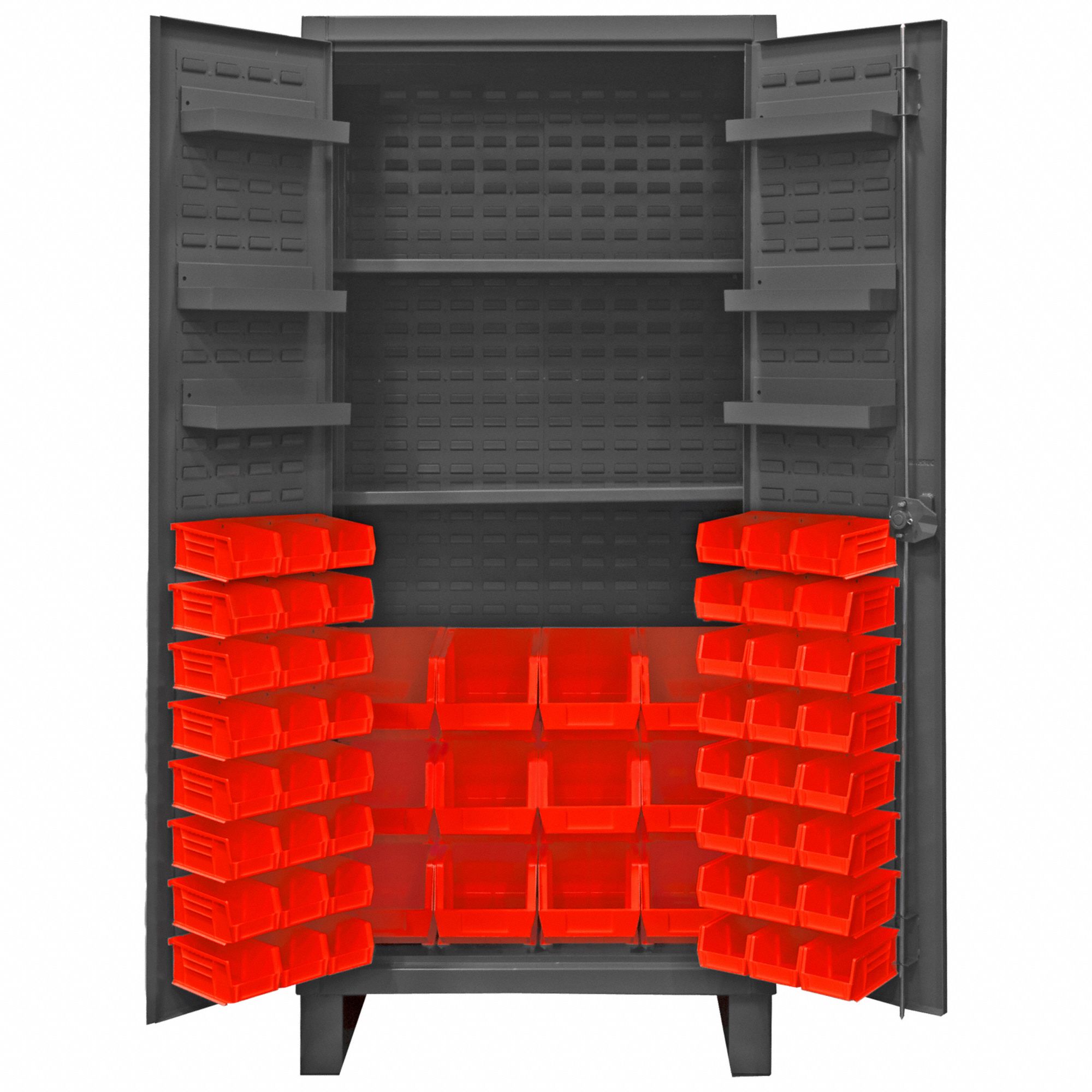 Bin Cabinet: 36 in x 24 in 78 in, 8 Shelves, 60 Bins, Red, Flush, 12 ga Panel, Gray