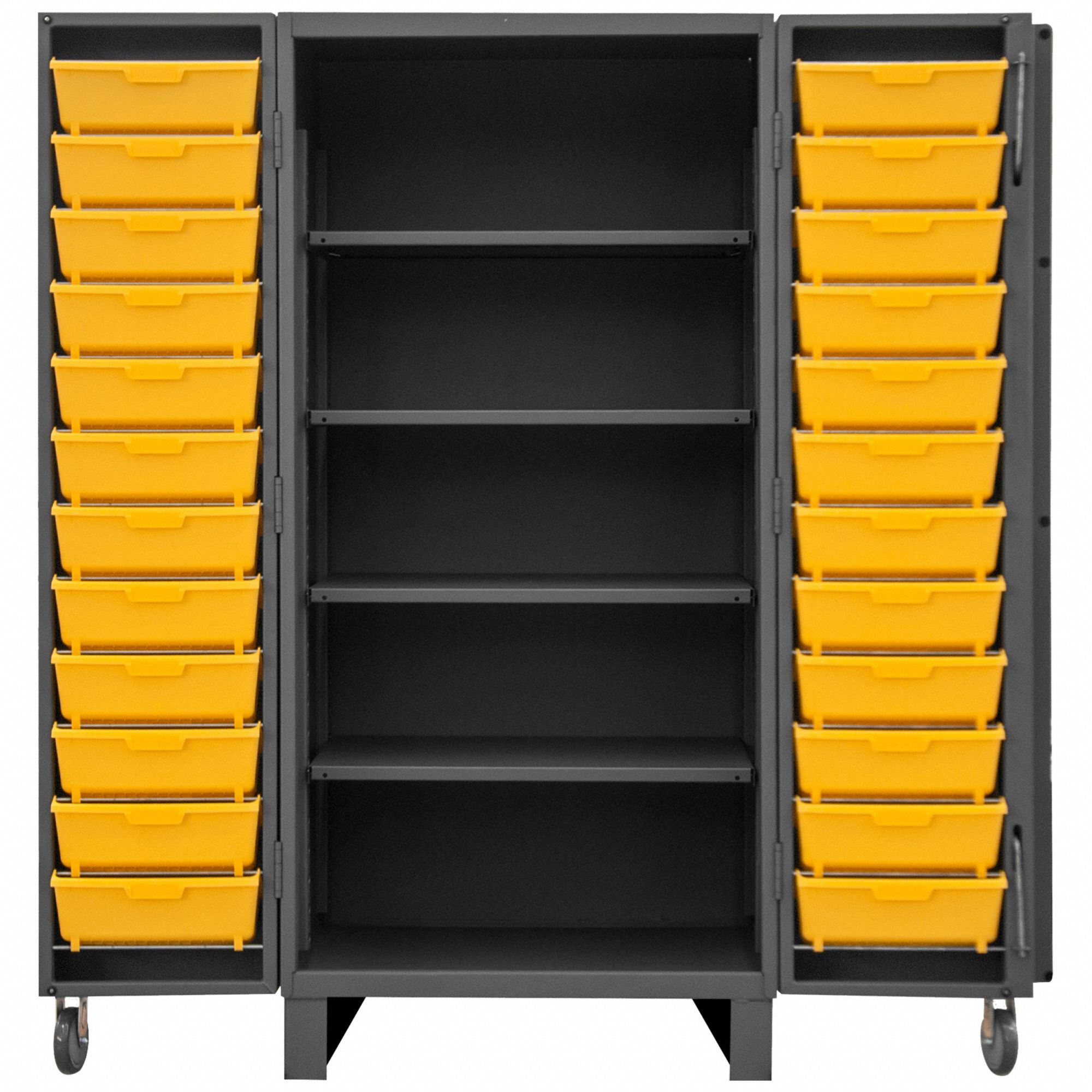 Bin Cabinet: 36 in x 36 in 78 in, 4 Shelves, 24 Bins, Yellow, Deep Box, 12 ga Panel, Gray
