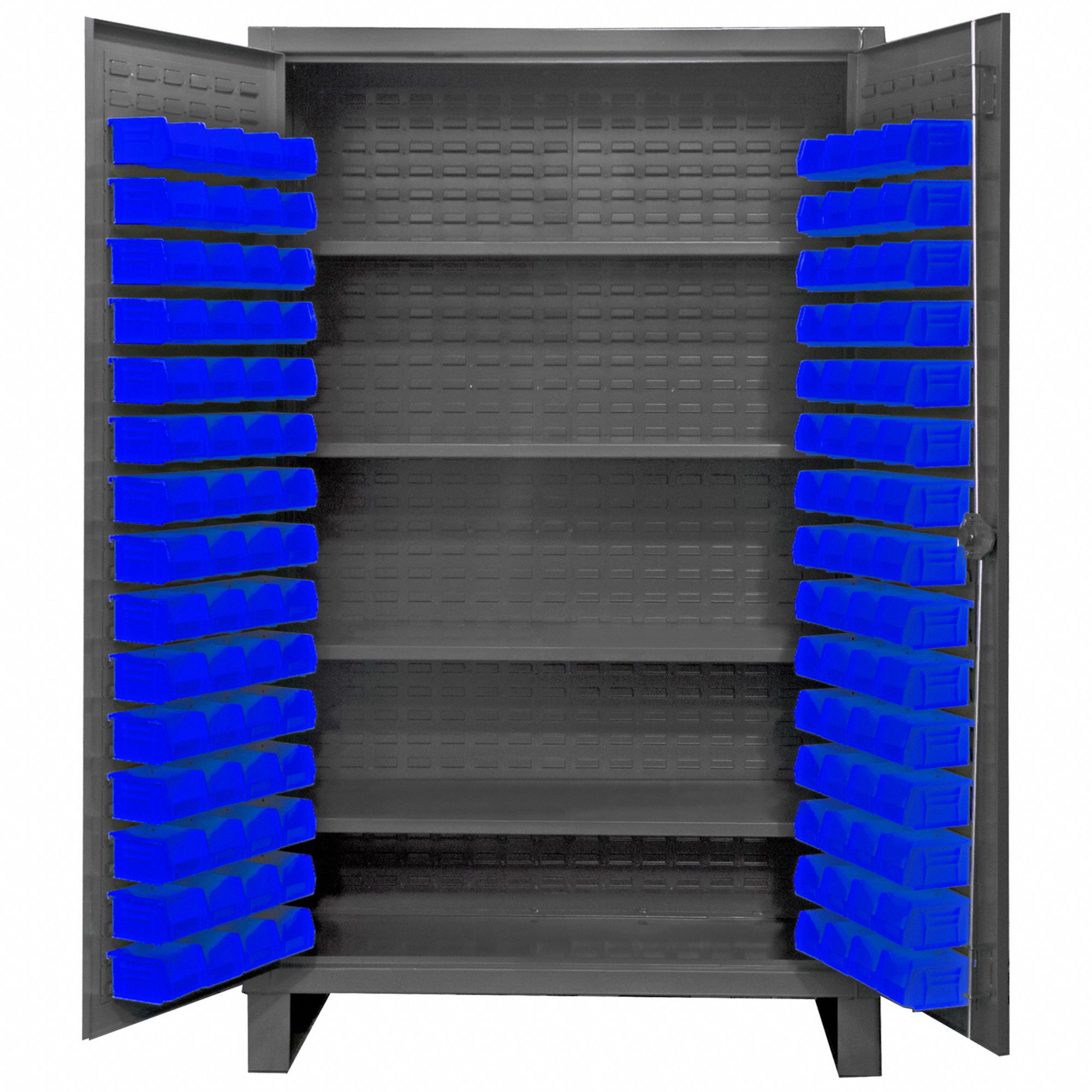 Bin Cabinet: 48 in x 24 in 78 in, 4 Shelves, 120 Bins, Blue, Flush, 12 ga Panel, Gray