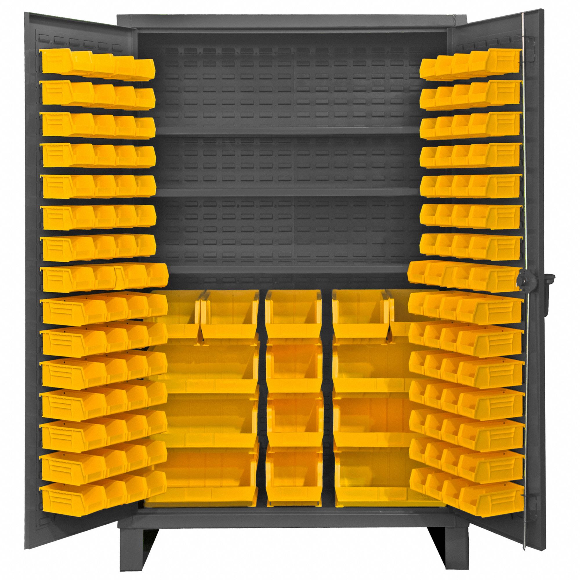 BIN CABINET, 48 IN X 24 IN 78 IN, 4 SHELVES, 134 BINS, YELLOW, FLUSH, 12 GA PANEL, GREY