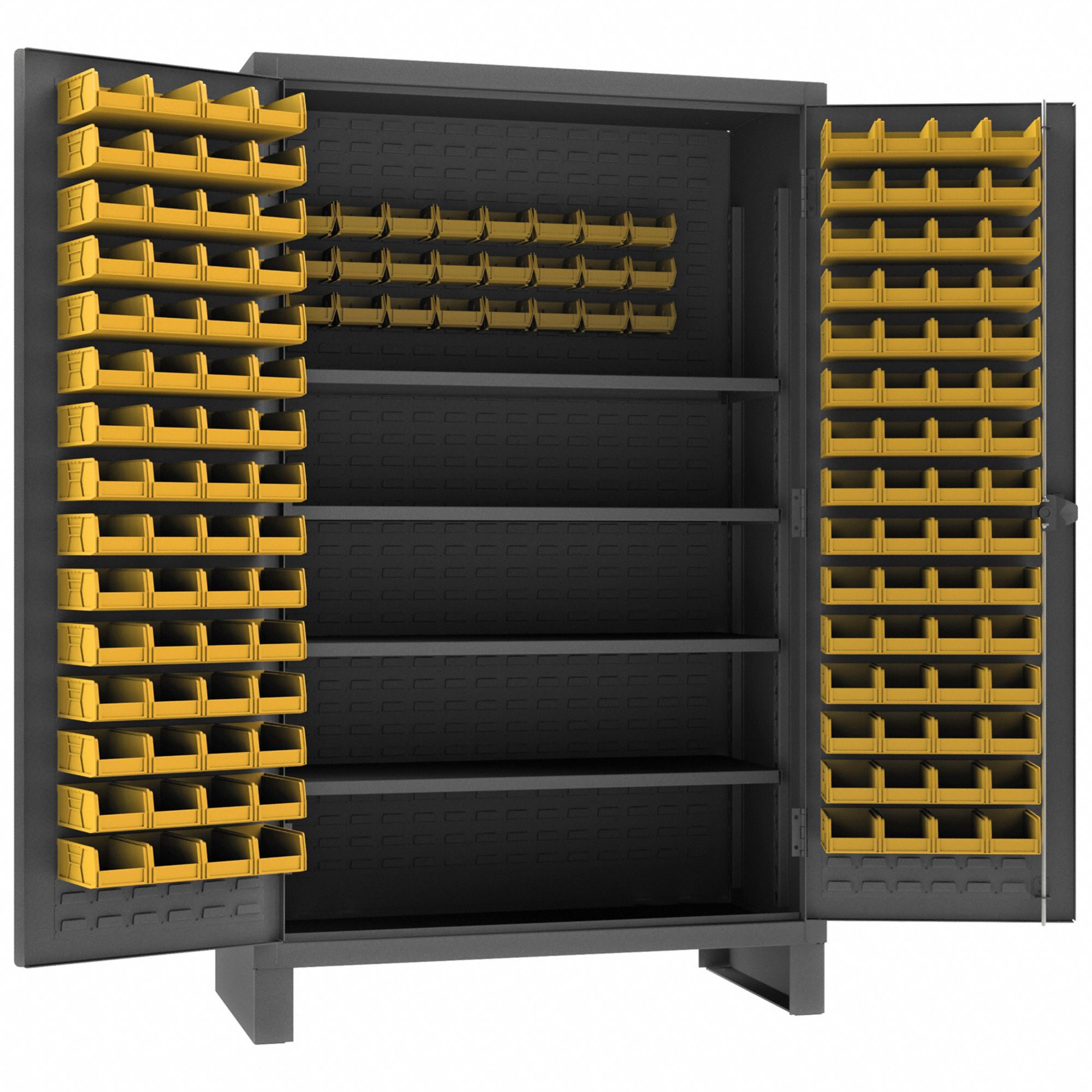 Bin Cabinet: 48 in x 24 in 78 in, 4 Shelves, 144 Bins, Yellow, Flush, 12 ga Panel, Gray
