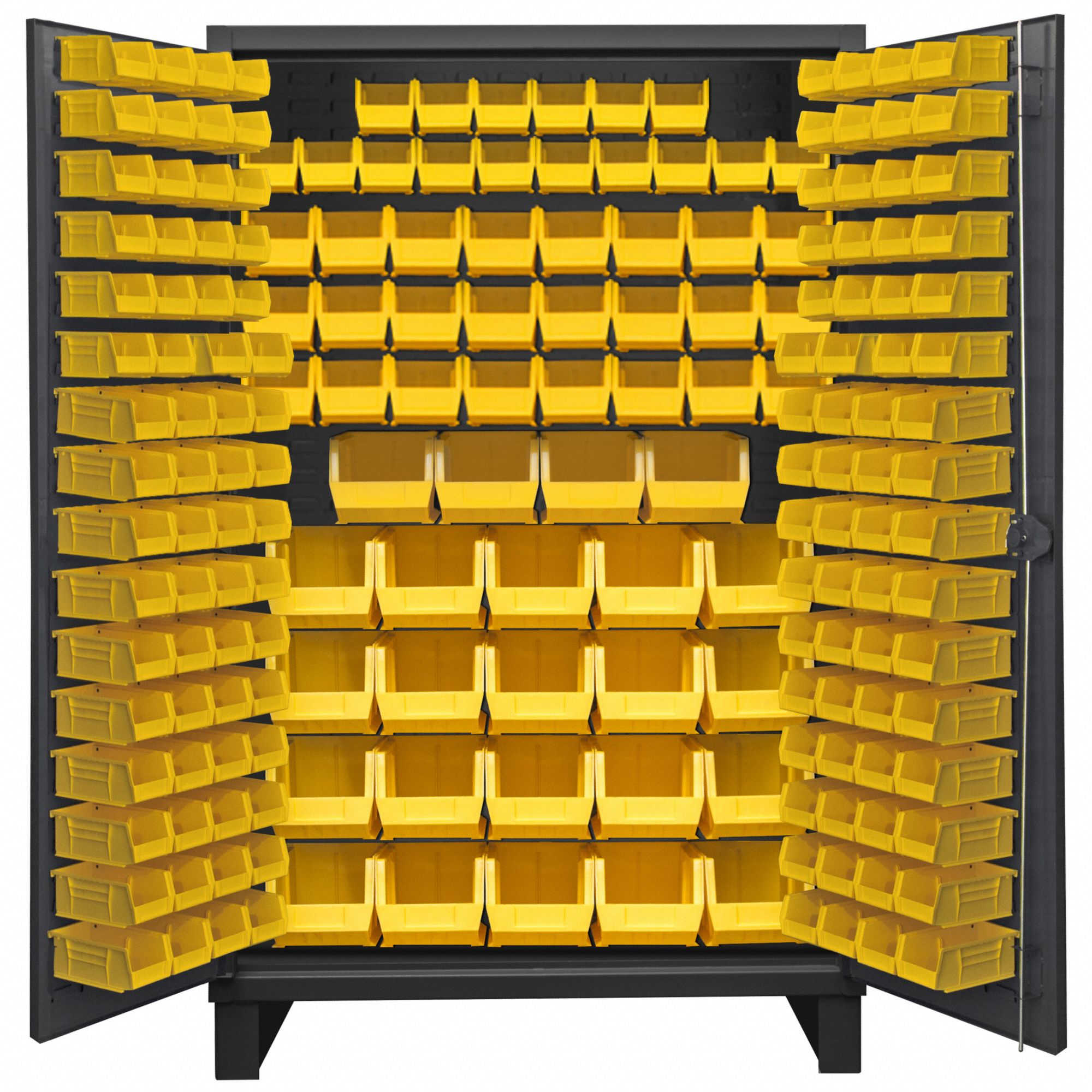 Bin Cabinet: 48 in x 24 in 78 in, 0 Shelves, 192 Bins, Yellow, Flush, 12 ga Panel, Gray