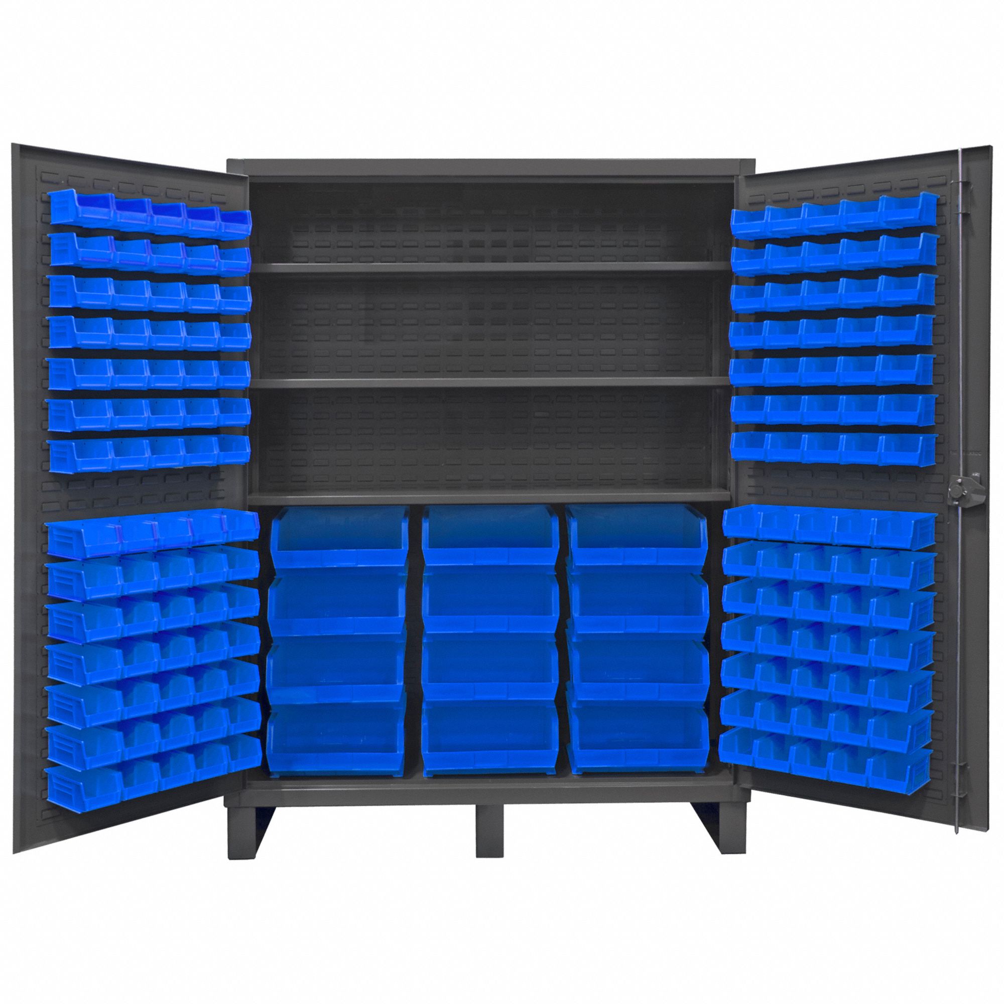 Bin Cabinet: 60 in x 24 in 78 in, 3 Shelves, 156 Bins, Blue, Flush, 12 ga Panel, Gray