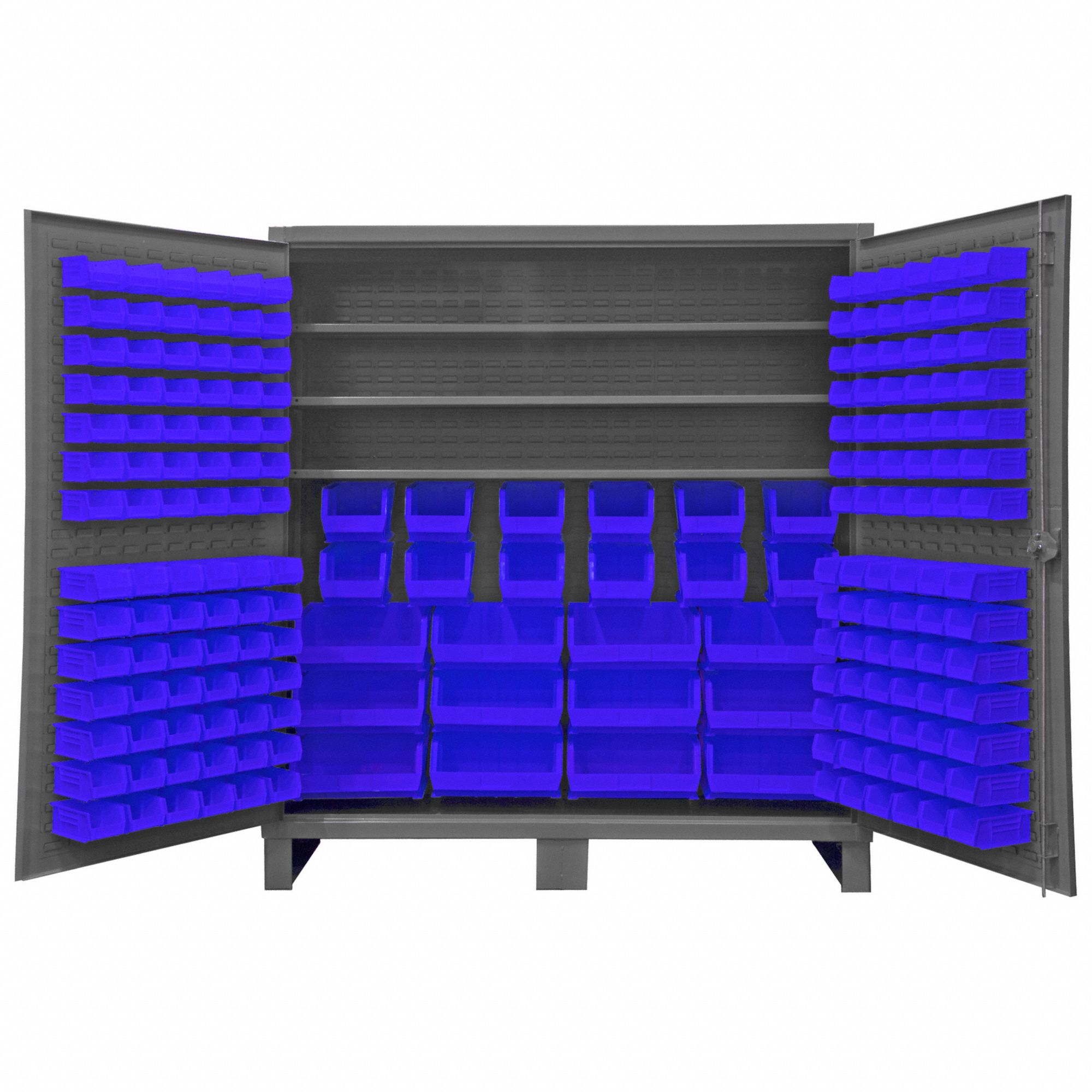 Bin Cabinet: 72 in x 24 in 78 in, 3 Shelves, 192 Bins, Blue, Flush, 12 ga Panel, Gray