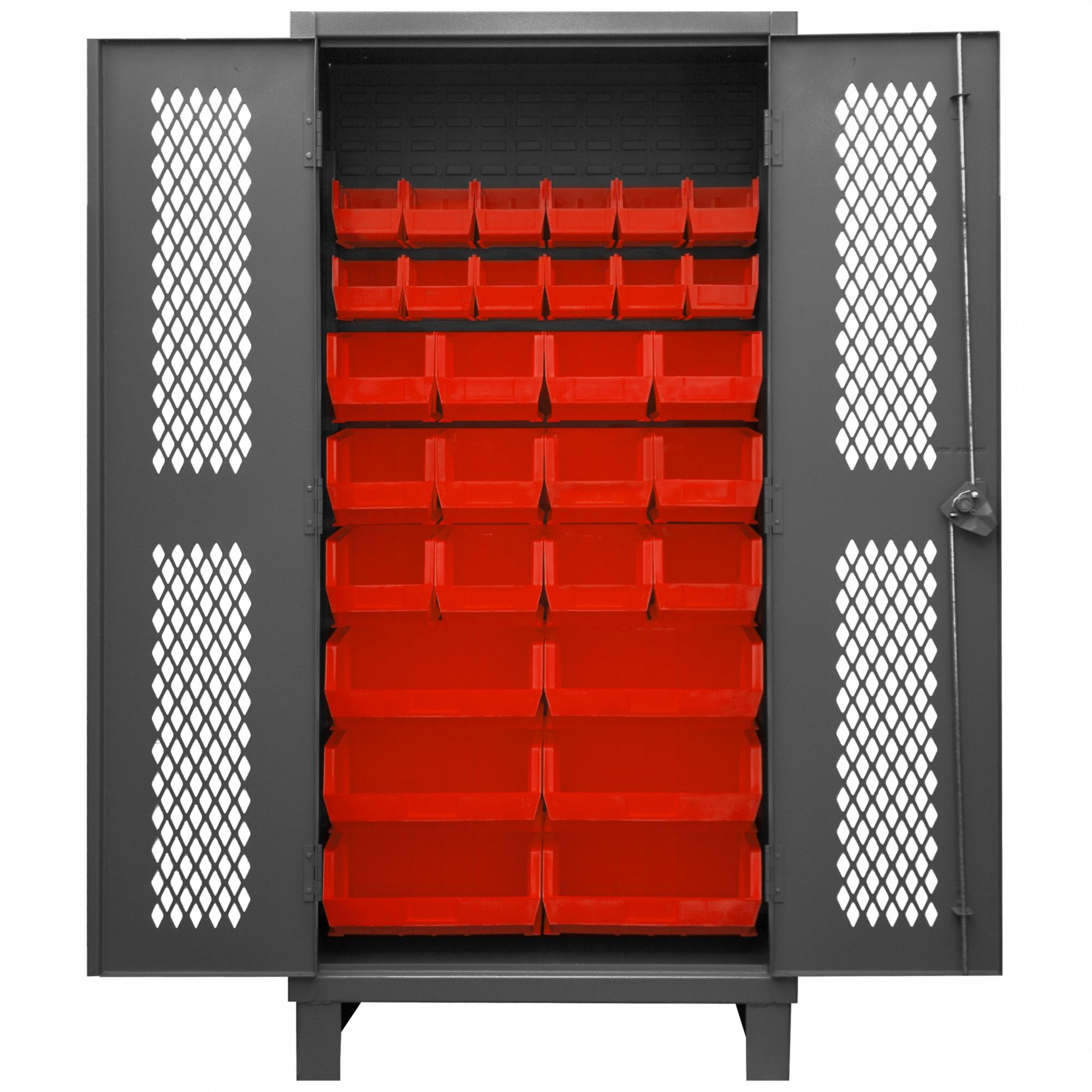 Bin Cabinet: 36 in x 24 in 78 in, 0 Shelves, 30 Bins, Red, Ventilated, 12 ga Panel, Gray