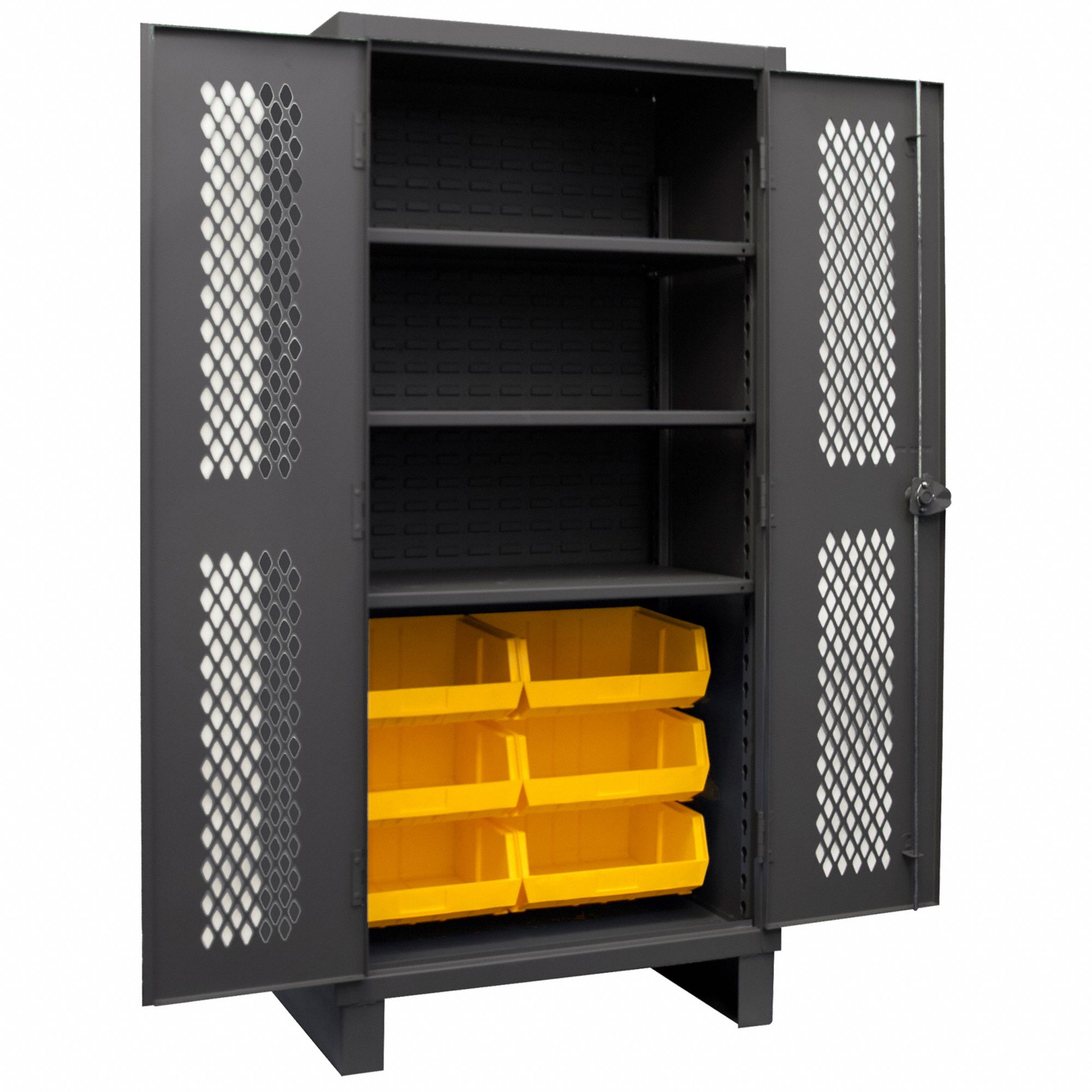 Bin Cabinet: 48 in x 24 in 78 in, 3 Shelves, 6 Bins, Yellow, Ventilated, 12 ga Panel