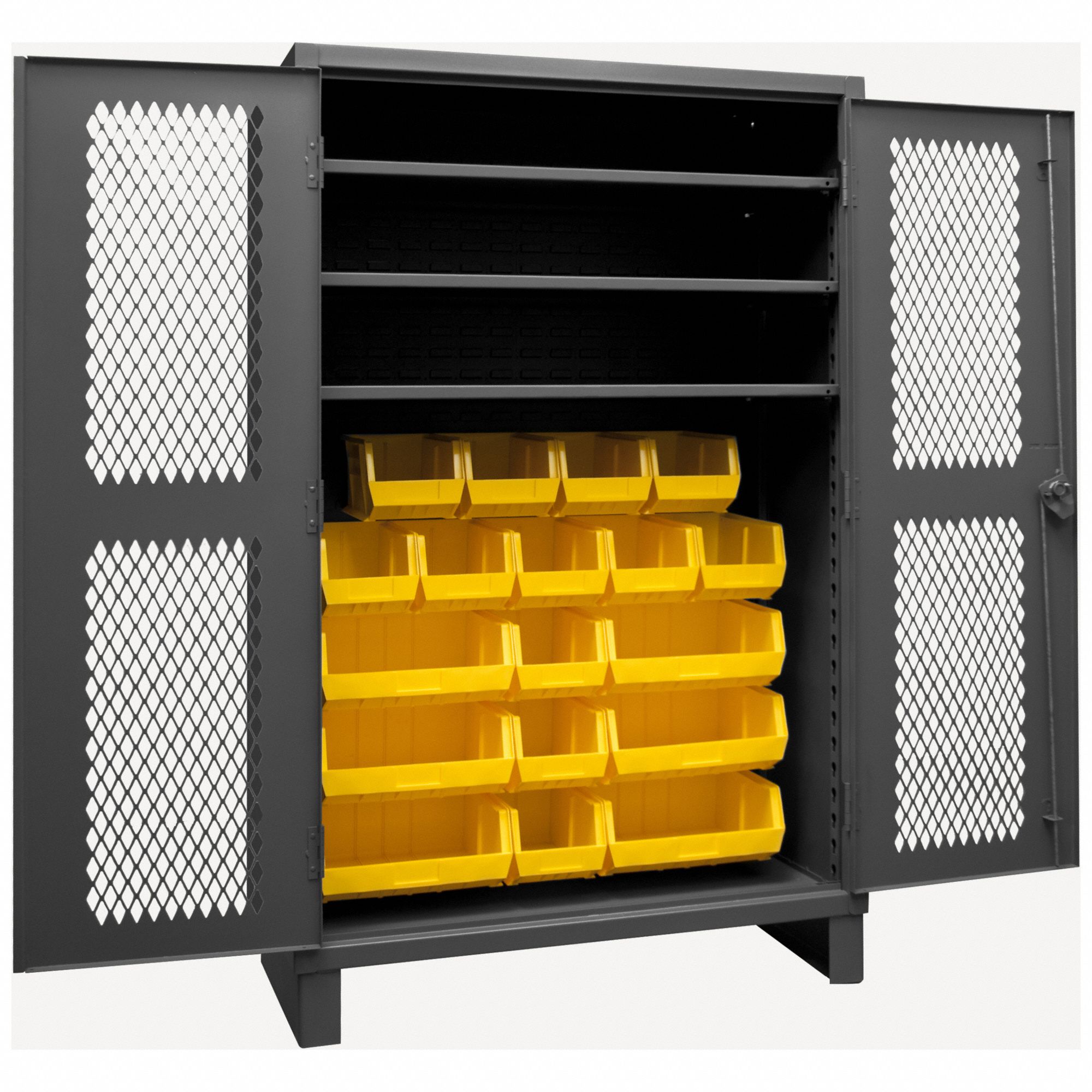 Bin Cabinet: 48 in x 24 in 78 in, 3 Shelves, 18 Bins, Yellow, Ventilated, 12 ga Panel
