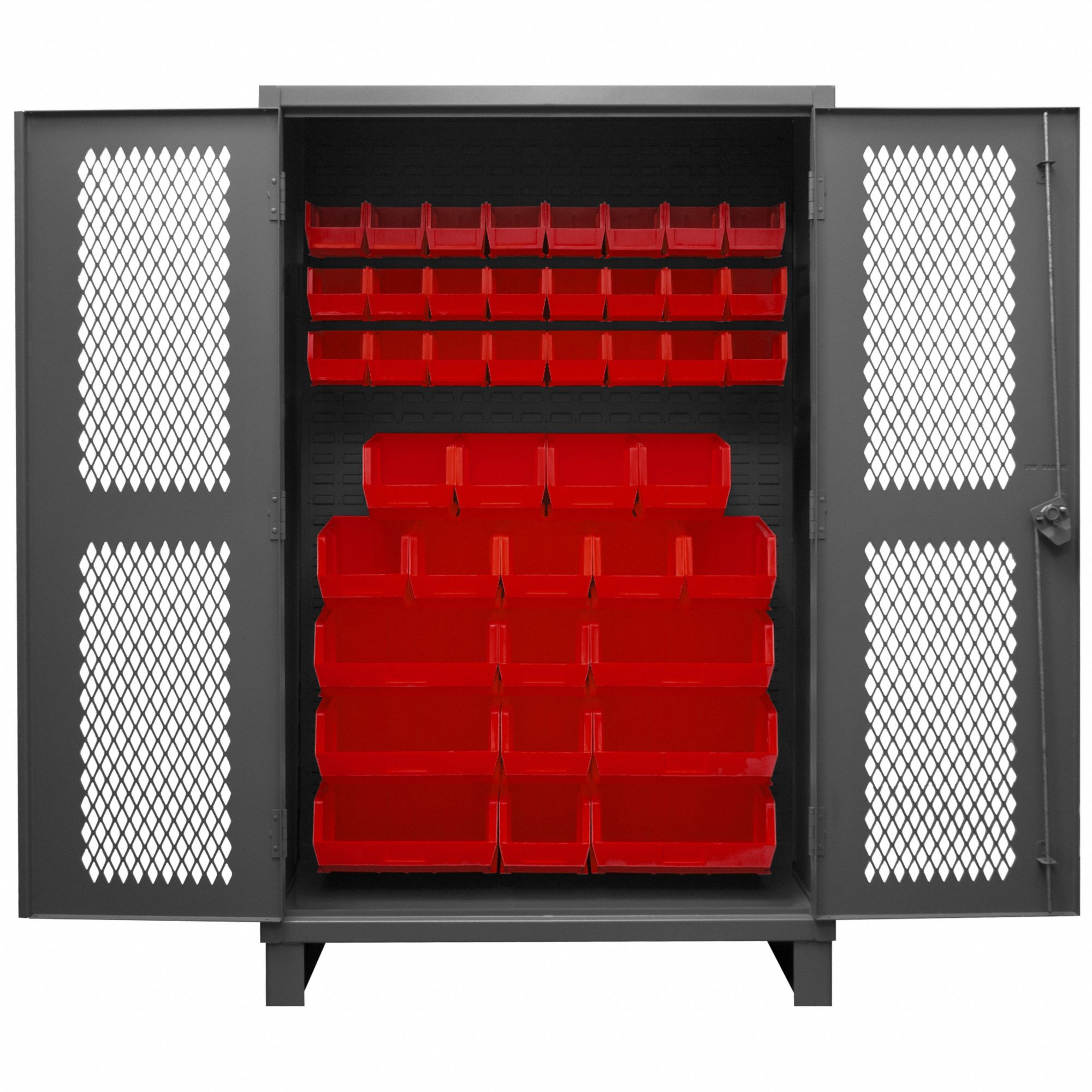 Bin Cabinet: 48 in x 24 in 78 in, 0 Shelves, 42 Bins, Red, Ventilated, 12 ga Panel, Gray