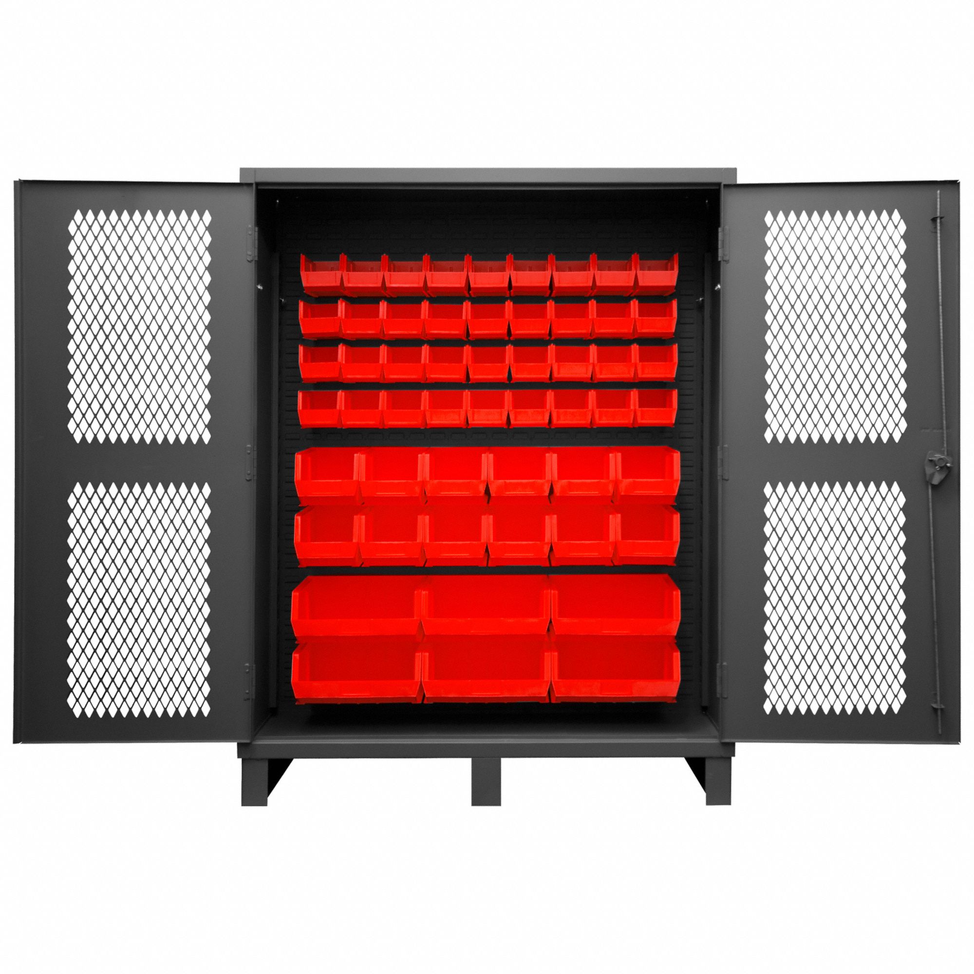Bin Cabinet: 60 in x 24 in 78 in, 0 Shelves, 54 Bins, Red, Ventilated, 12 ga Panel, Gray