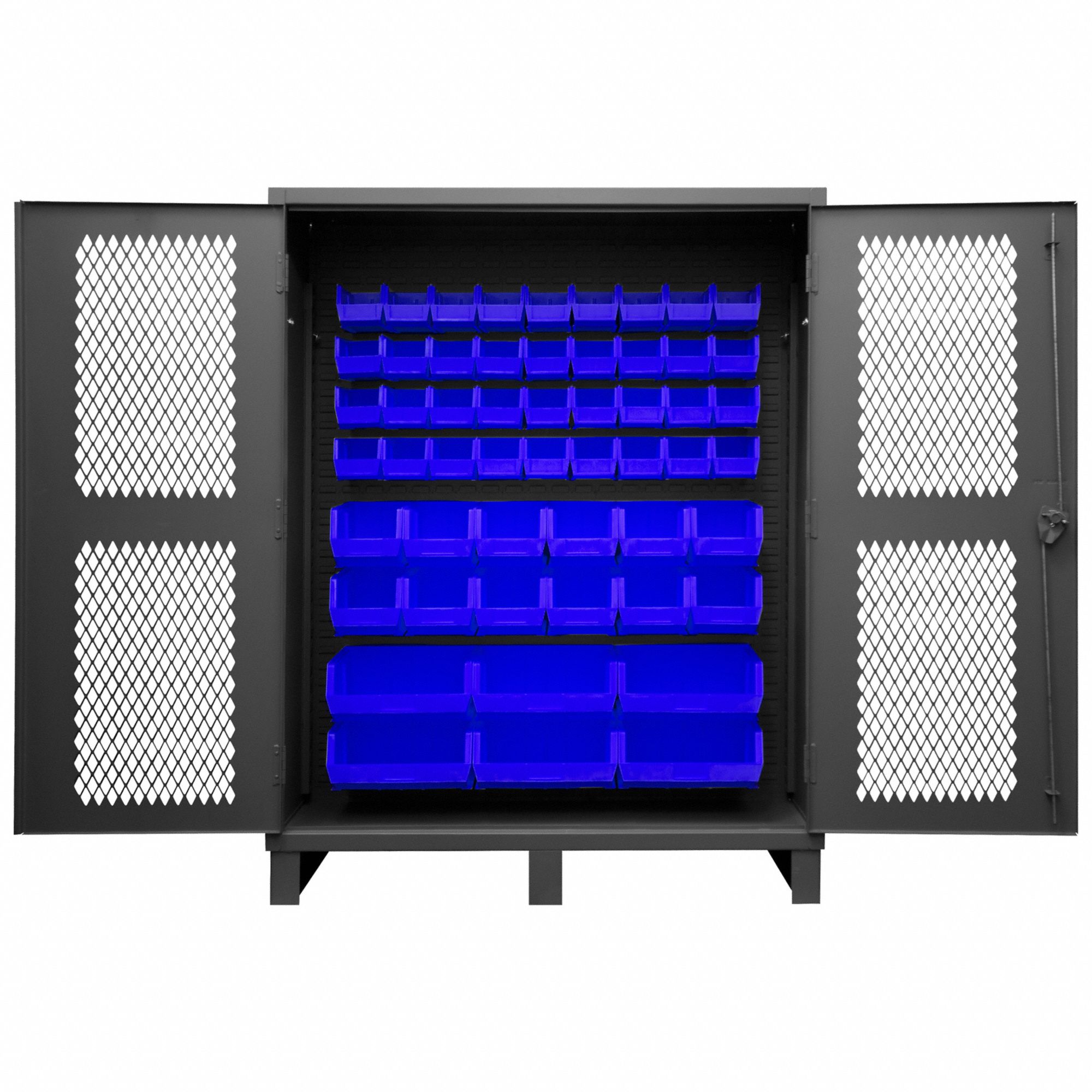 Bin Cabinet: 60 in x 24 in 78 in, 0 Shelves, 54 Bins, Blue, Ventilated, 12 ga Panel, Gray
