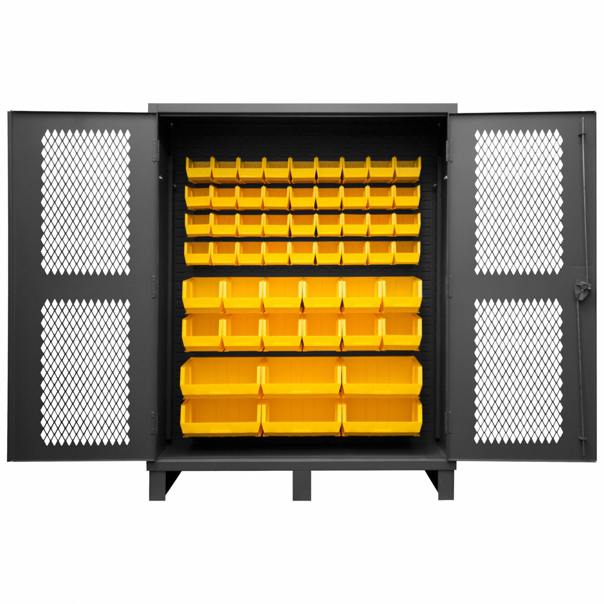 Bin Cabinet: 60 in x 24 in 78 in, 0 Shelves, 54 Bins, Yellow, Ventilated, 12 ga Panel