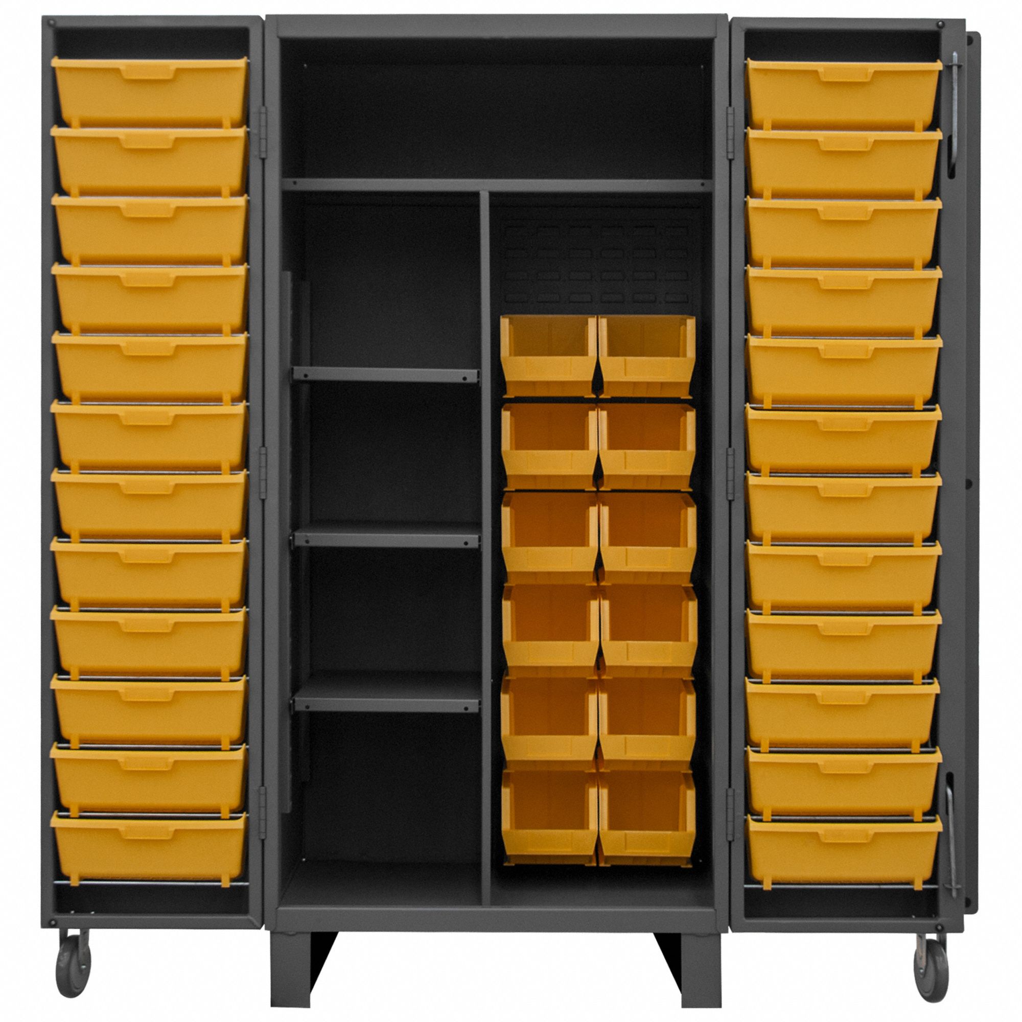 Bin Cabinet: 36 in x 36 in 78 in, 4 Shelves, 36 Bins, Yellow, Deep Box, 12 ga Panel, Gray