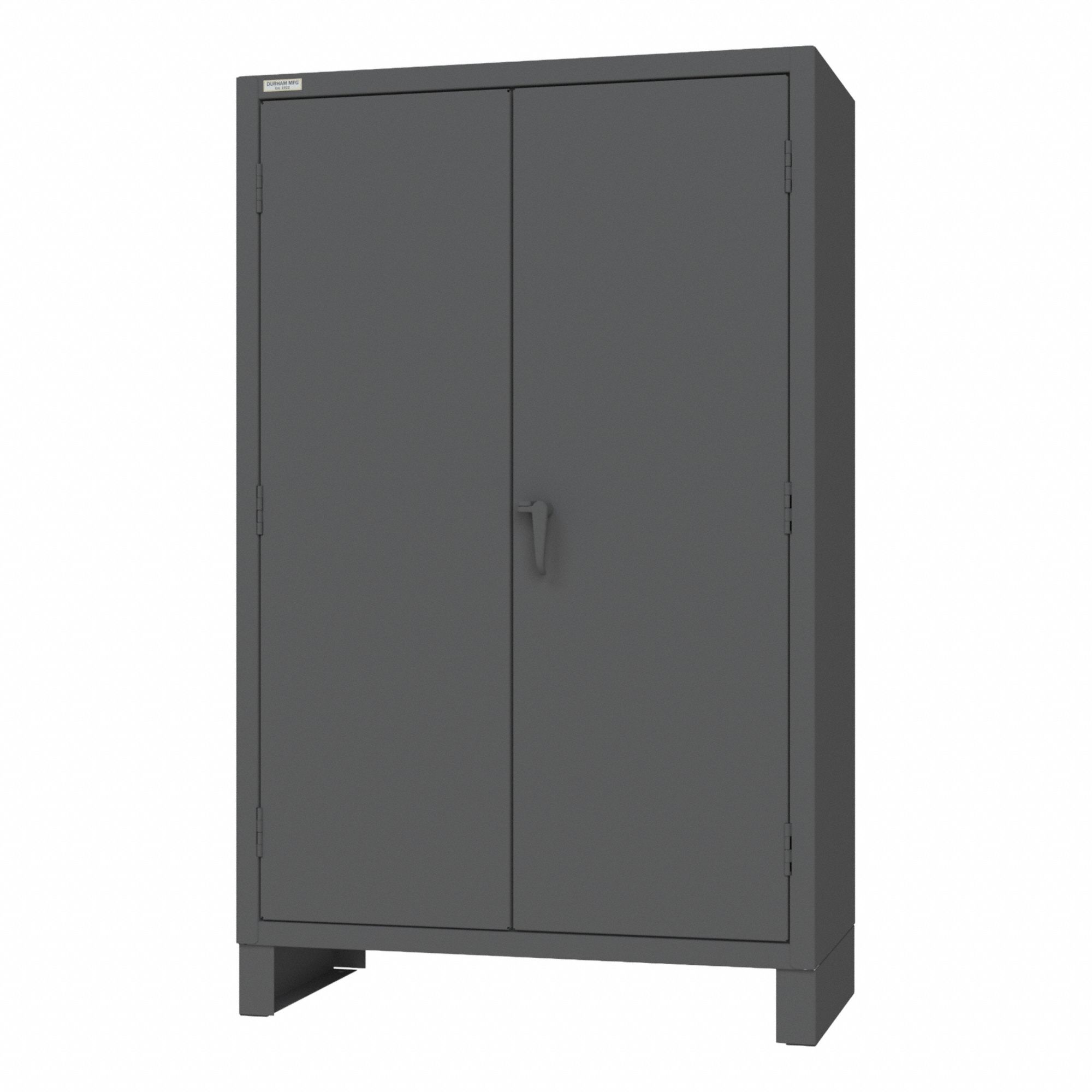 DURHAM MFG Storage Cabinet: 4 Shelves, Recessed/Solid, Padlockeable, Swing, Extra-Heavy Duty, Steel (MPN HDJC244878-165-4S95). Key specifications — Cabinet Style: Shelves; Brand: DURHAM MFG; Cabinet Color: Gray; Cabinet Finish: Powder Coated; Cabinet Material: Steel; Cabinet Storage Components: Bins; Door Type: Recessed; Lock Type: Padlockeable.