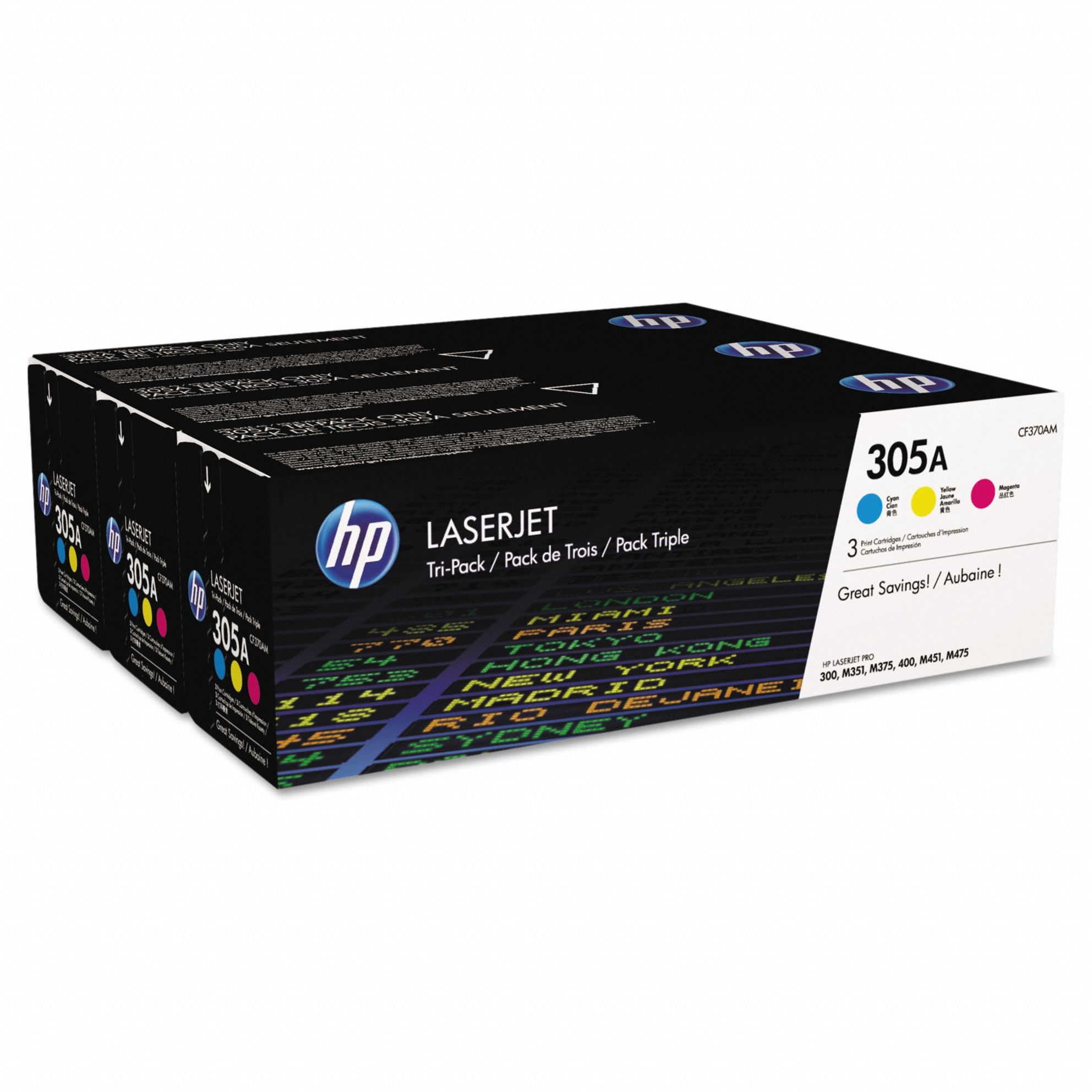 Toner Cartridge: 305A, Tri-Color, Multicolor, 3 PK