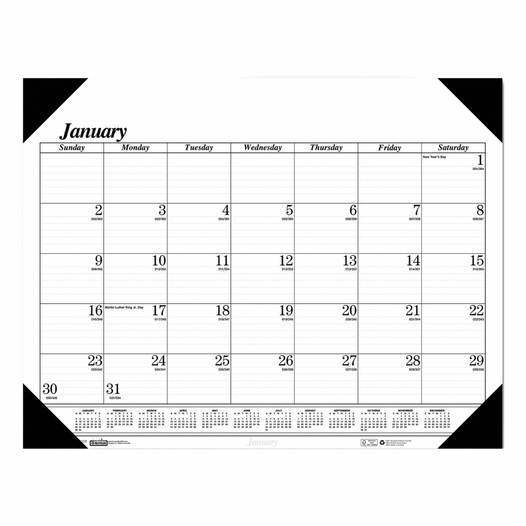 Desk Pad Calendar: 18 1/2 in Sheet Ht, 13 in Sheet Wd, 12-Month (Jan-Dec)