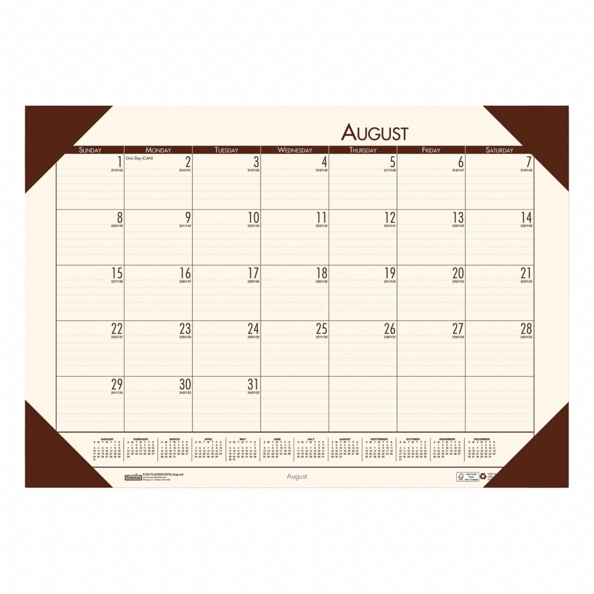Desk Pad Calendar: 18 1/2 in Sheet Ht, 13 in Sheet Wd, 12-Month (Aug-Jul)