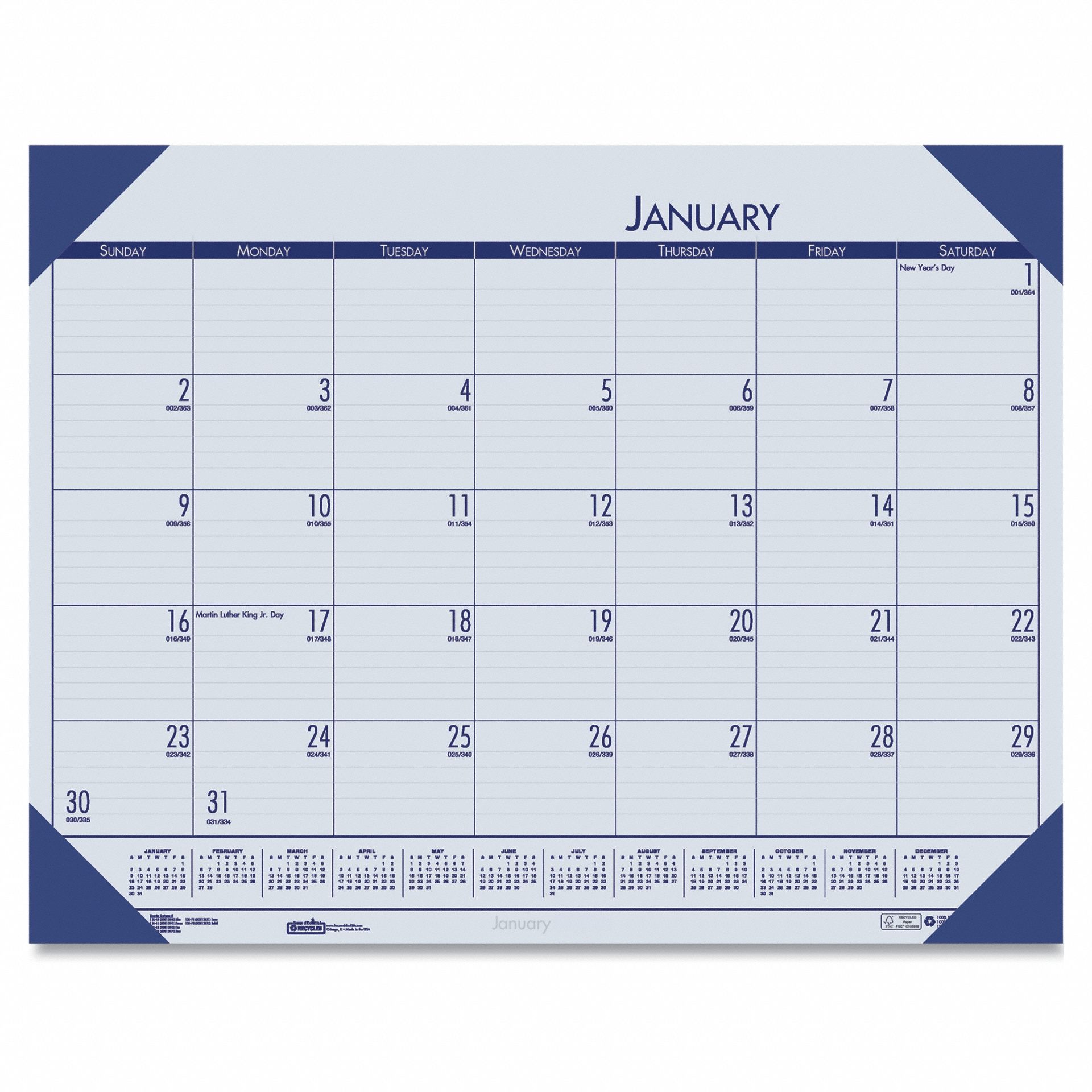 Desk Pad Calendar: 18 1/2 in Sheet Ht, 13 in Sheet Wd, 12-Month (Jan-Dec)