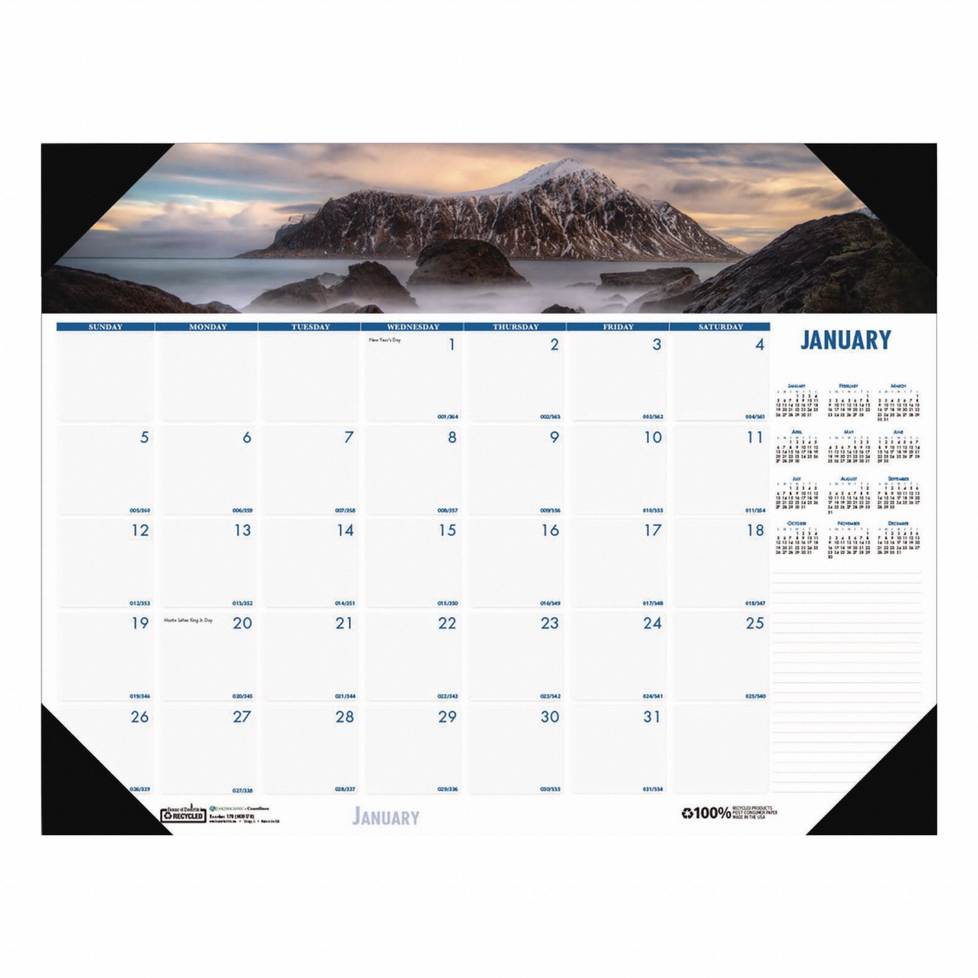 Desk Pad Calendar: 18 1/2 in Sheet Ht, 13 in Sheet Wd, 12-Month (Jan-Dec)