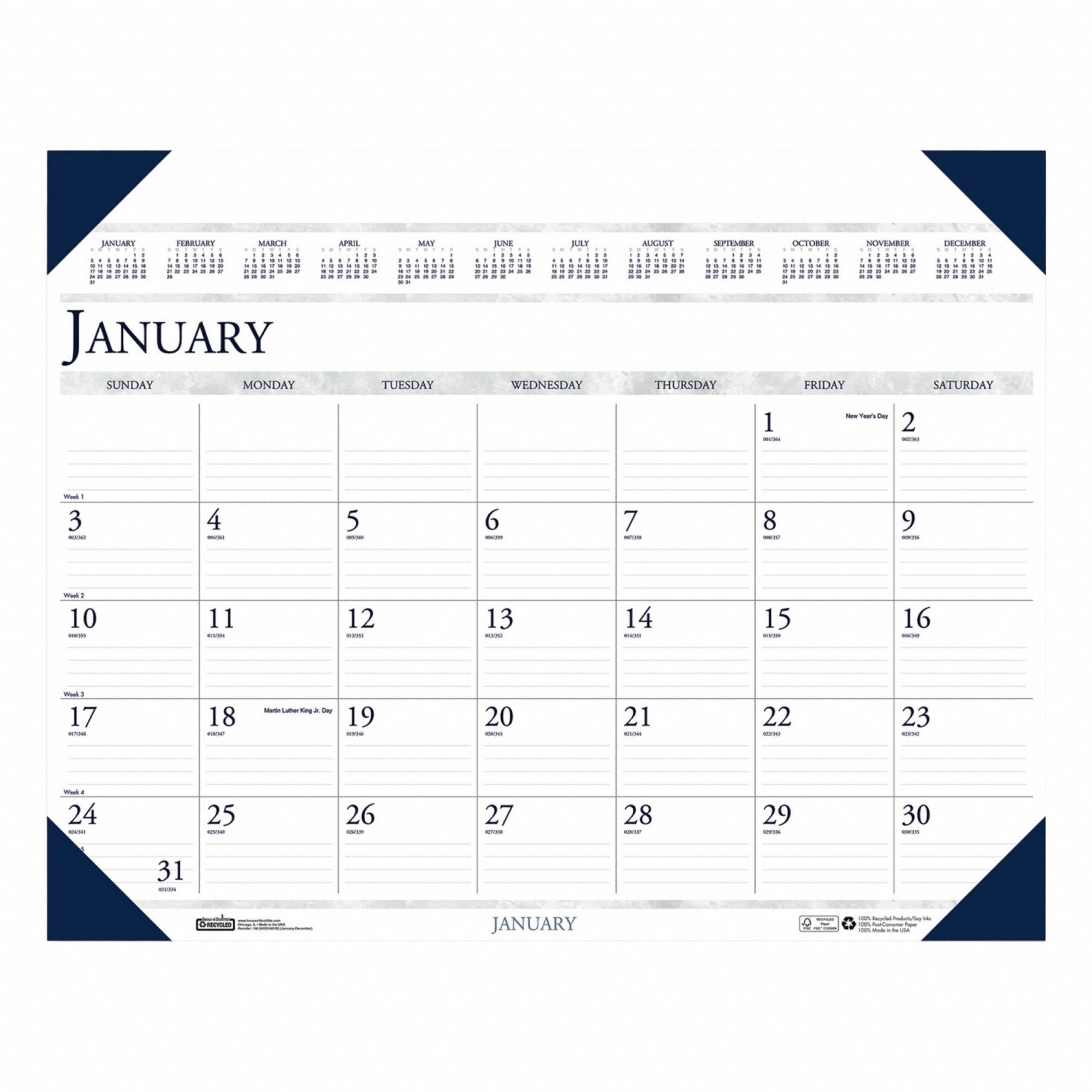 Desk Pad Calendar: 24 in Sheet Ht, 19 in Sheet Wd, 12-Month (Jan-Dec)