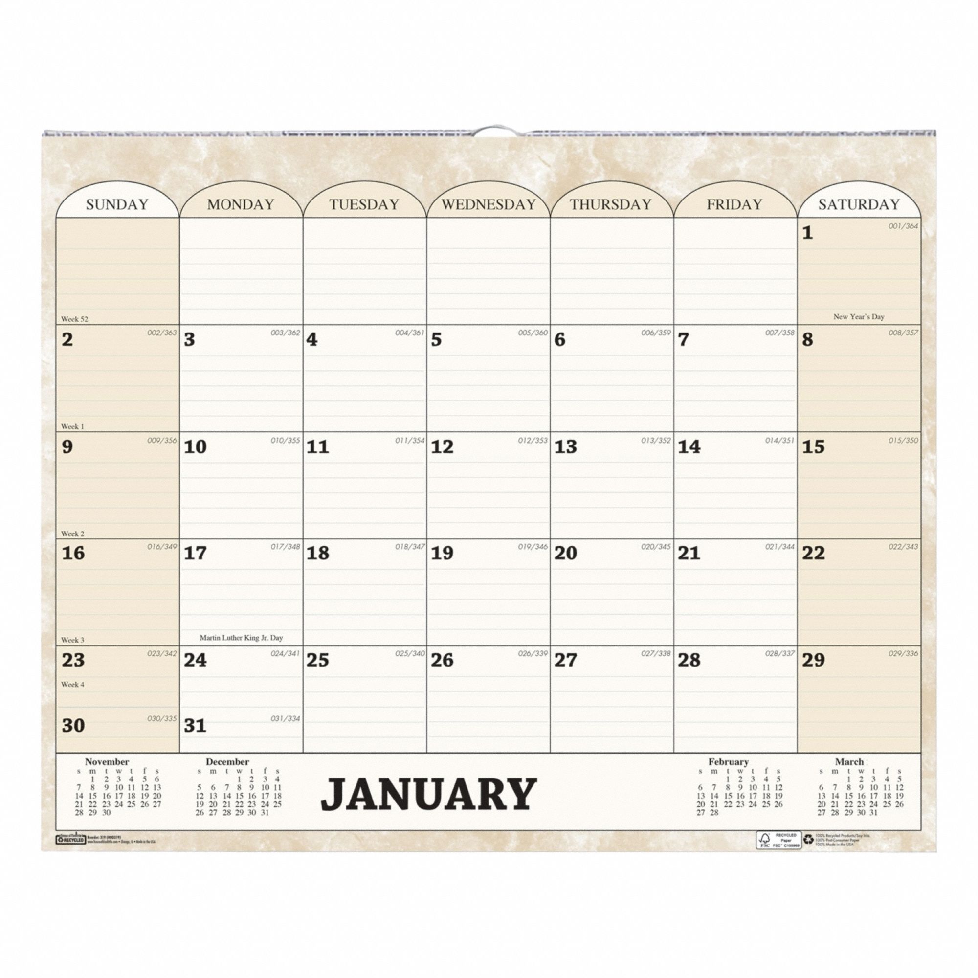 Wall Calendar: 14 7/8 in Sheet Ht, 12 in Sheet Wd, 12-Month (Jan-Dec)