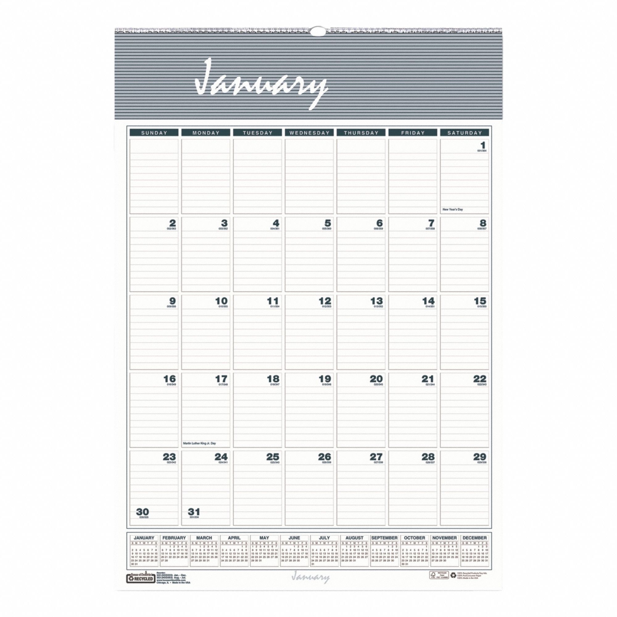 Wall Calendar: 11 in Sheet Ht, 8 1/2 in Sheet Wd, 12-Month (Jan-Dec)