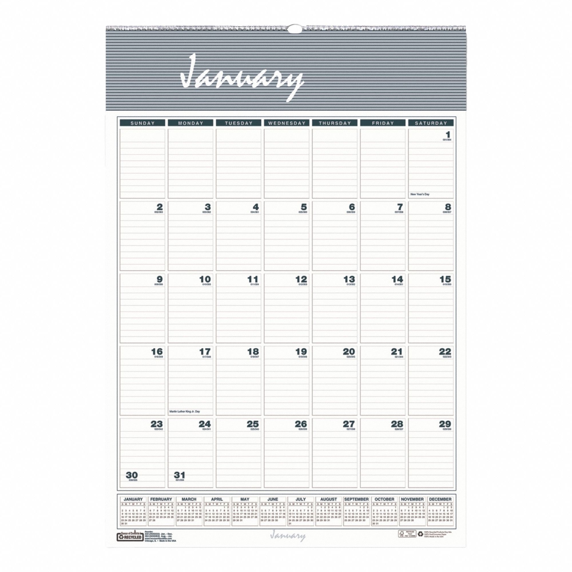 Wall Calendar: 22 in Sheet Ht, 15 1/2 in Sheet Wd, 12-Month (Jan-Dec)