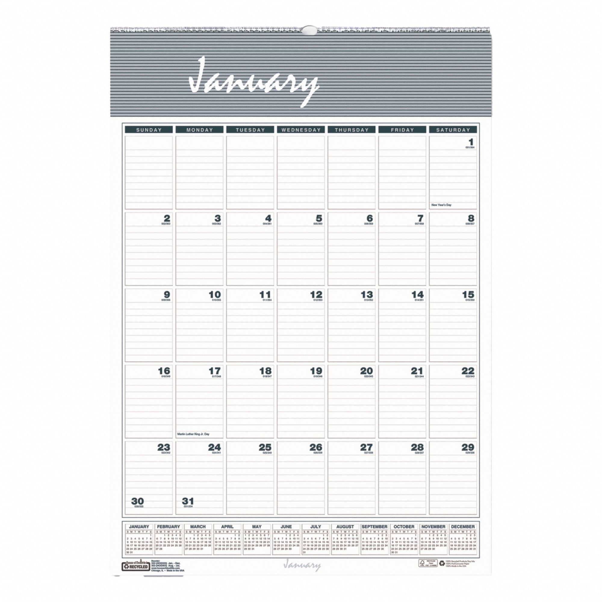 Wall Calendar: 31 1/4 in Sheet Ht, 22 in Sheet Wd, 12-Month (Jan-Dec)