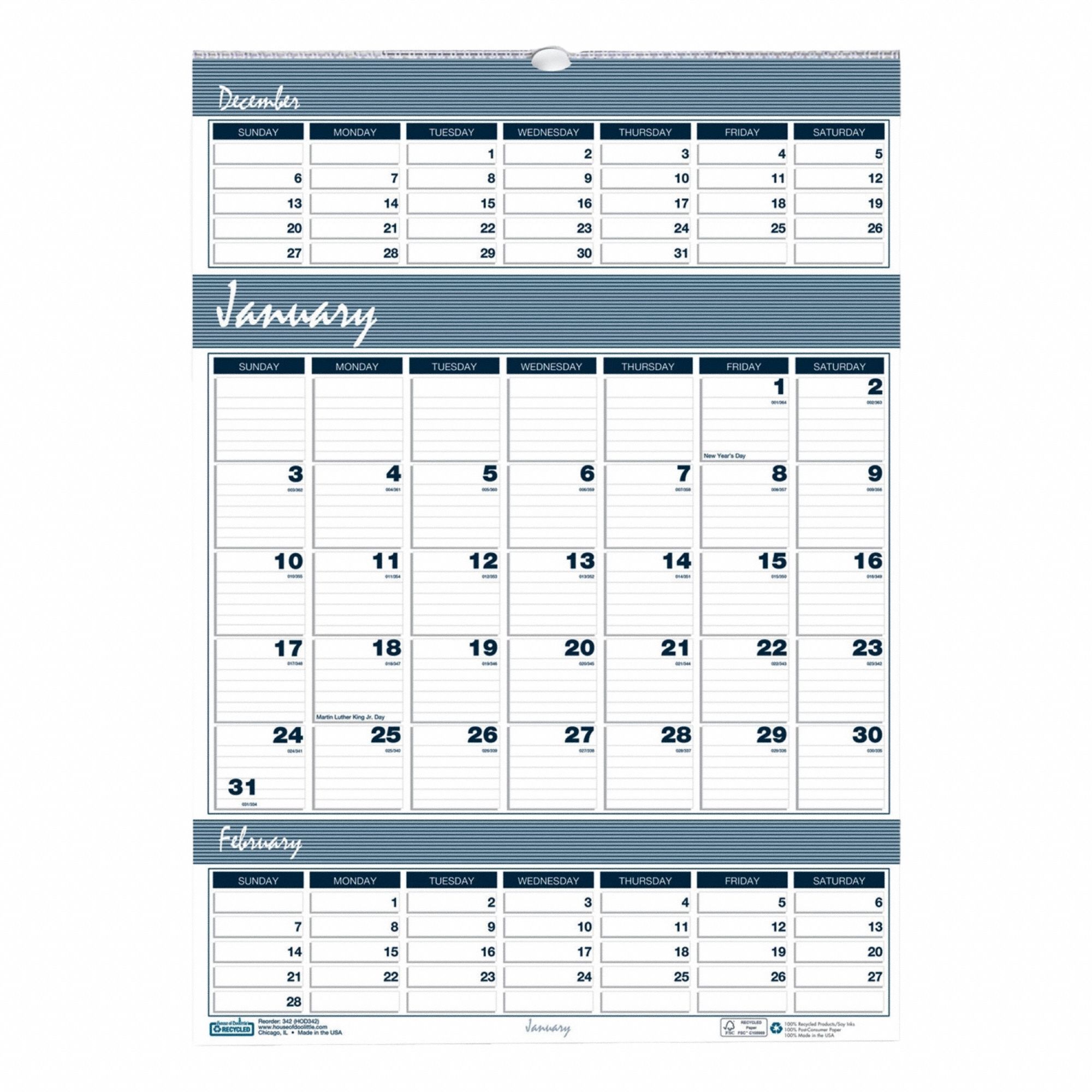 Wall Calendar: 17 in Sheet Ht, 12 in Sheet Wd, 14-Month (Dec-Jan)