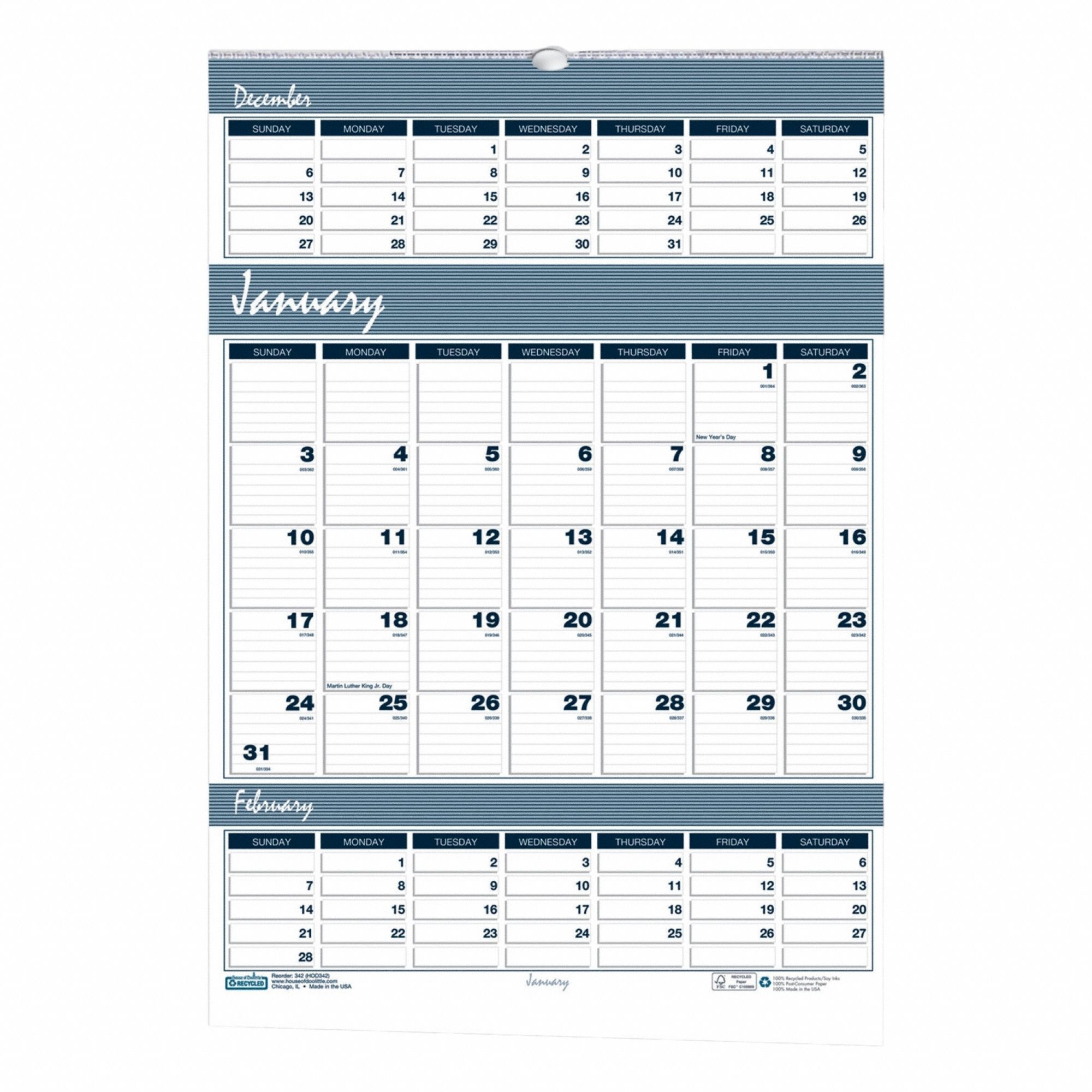 Wall Calendar: 22 in Sheet Ht, 15 1/2 in Sheet Wd, 14-Month (Dec-Jan)