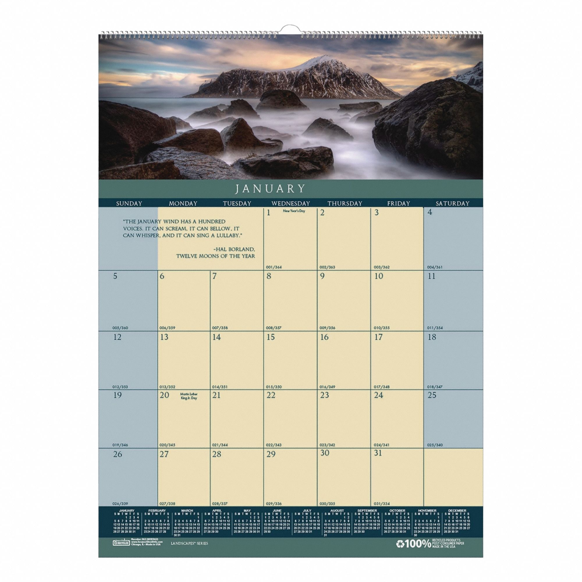 Wall Calendar: 16 1/2 in Sheet Ht, 12 in Sheet Wd, 12-Month (Jan-Dec)