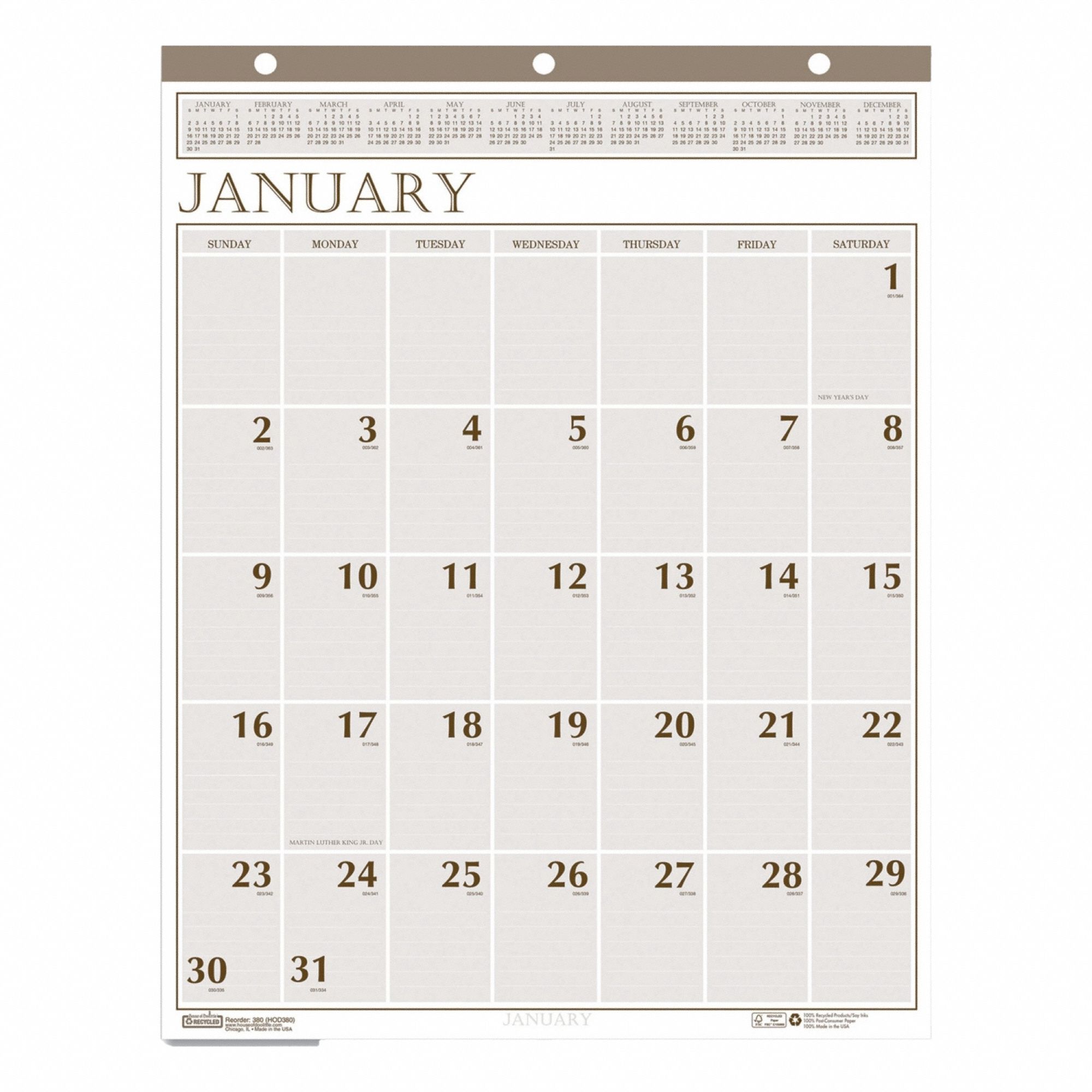 Wall Calendar: 26 in Sheet Ht, 20 in Sheet Wd, 12-Month (Jan-Dec)