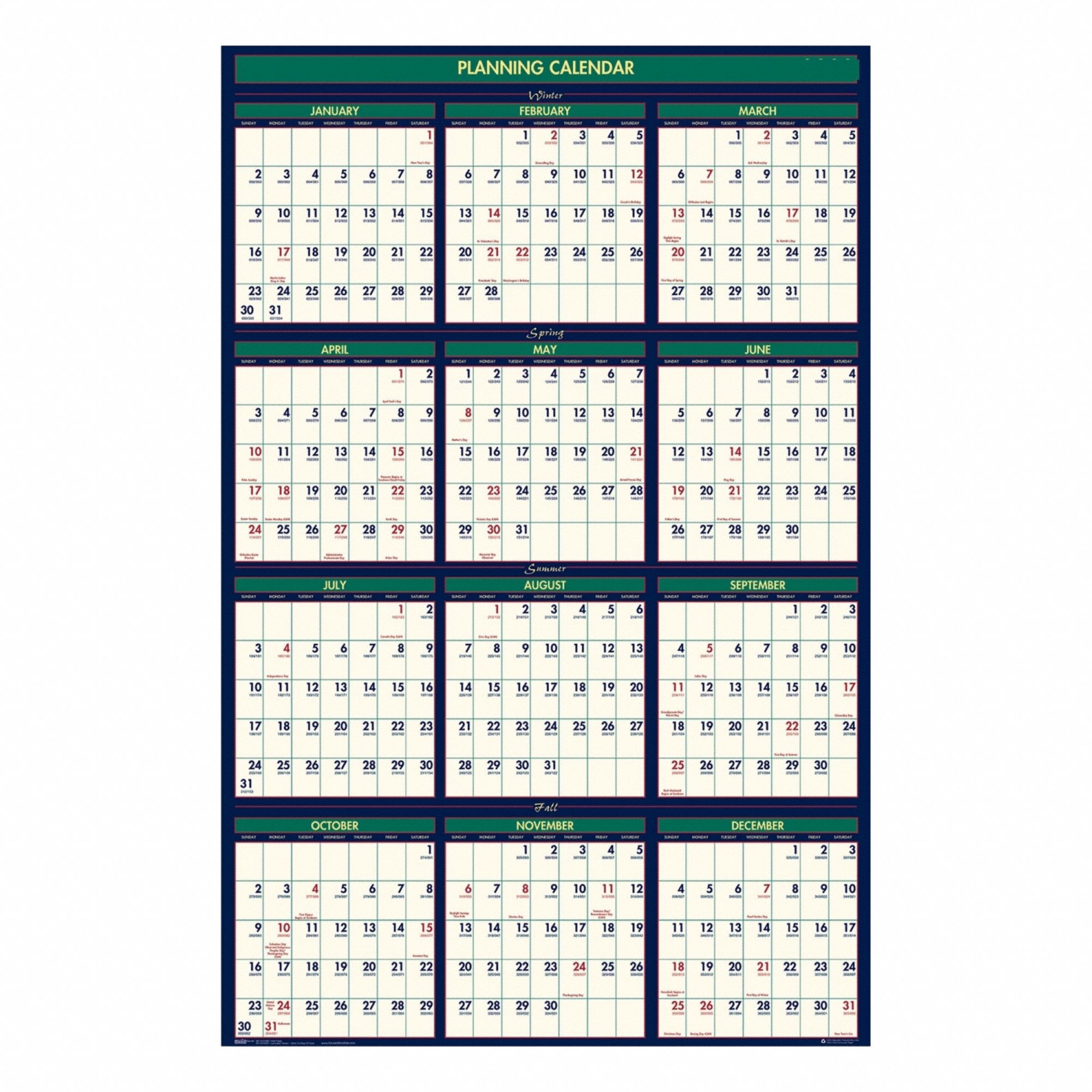 Wall Calendar: 37 in Sheet Ht, 24 in Sheet Wd, One Year per Page