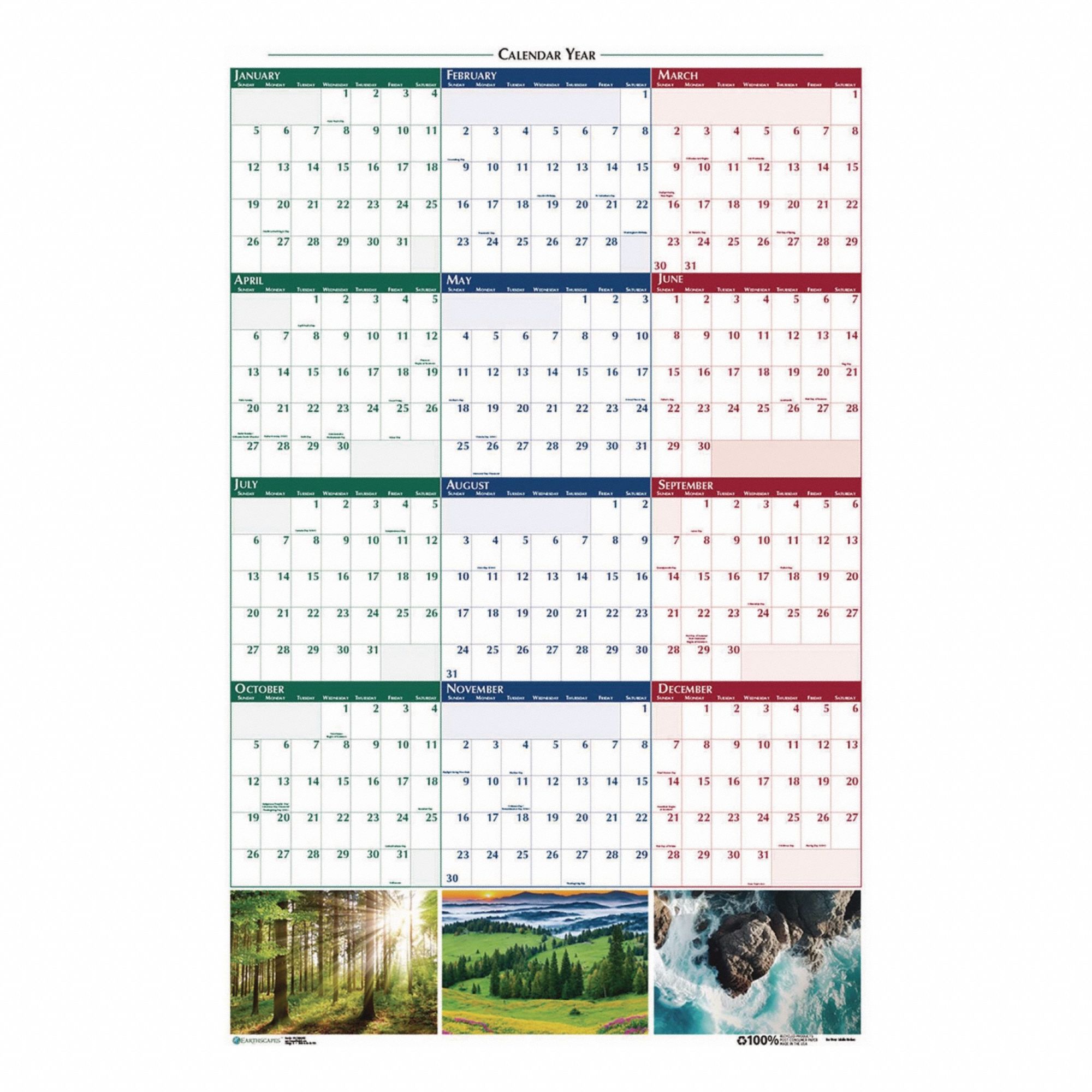 Wall Calendar: 37 in Sheet Ht, 24 in Sheet Wd, 12-Month (Jan-Dec)