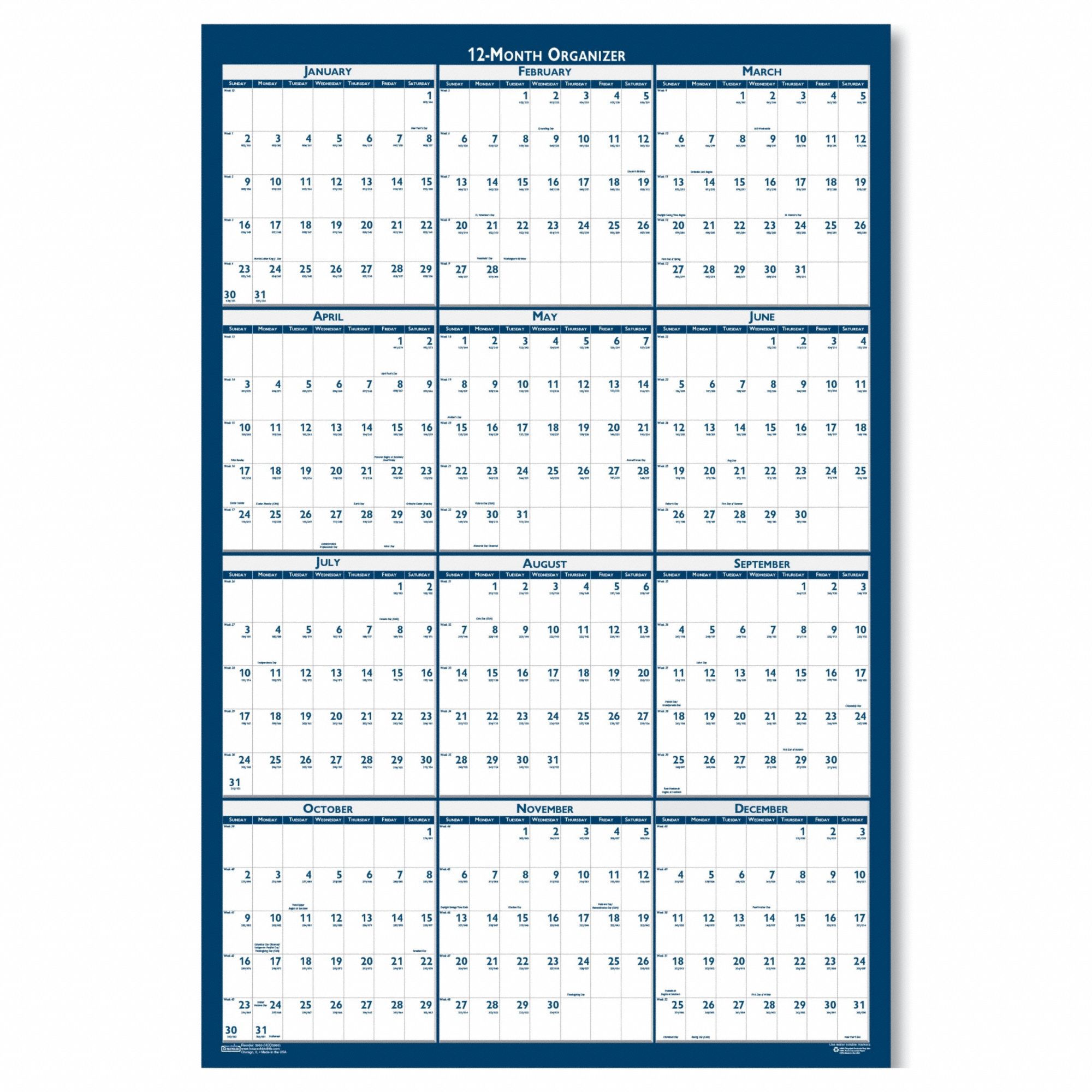 Wall Calendar: 24 in Sheet Ht, 18 in Sheet Wd, 12-Month (Jan-Dec)