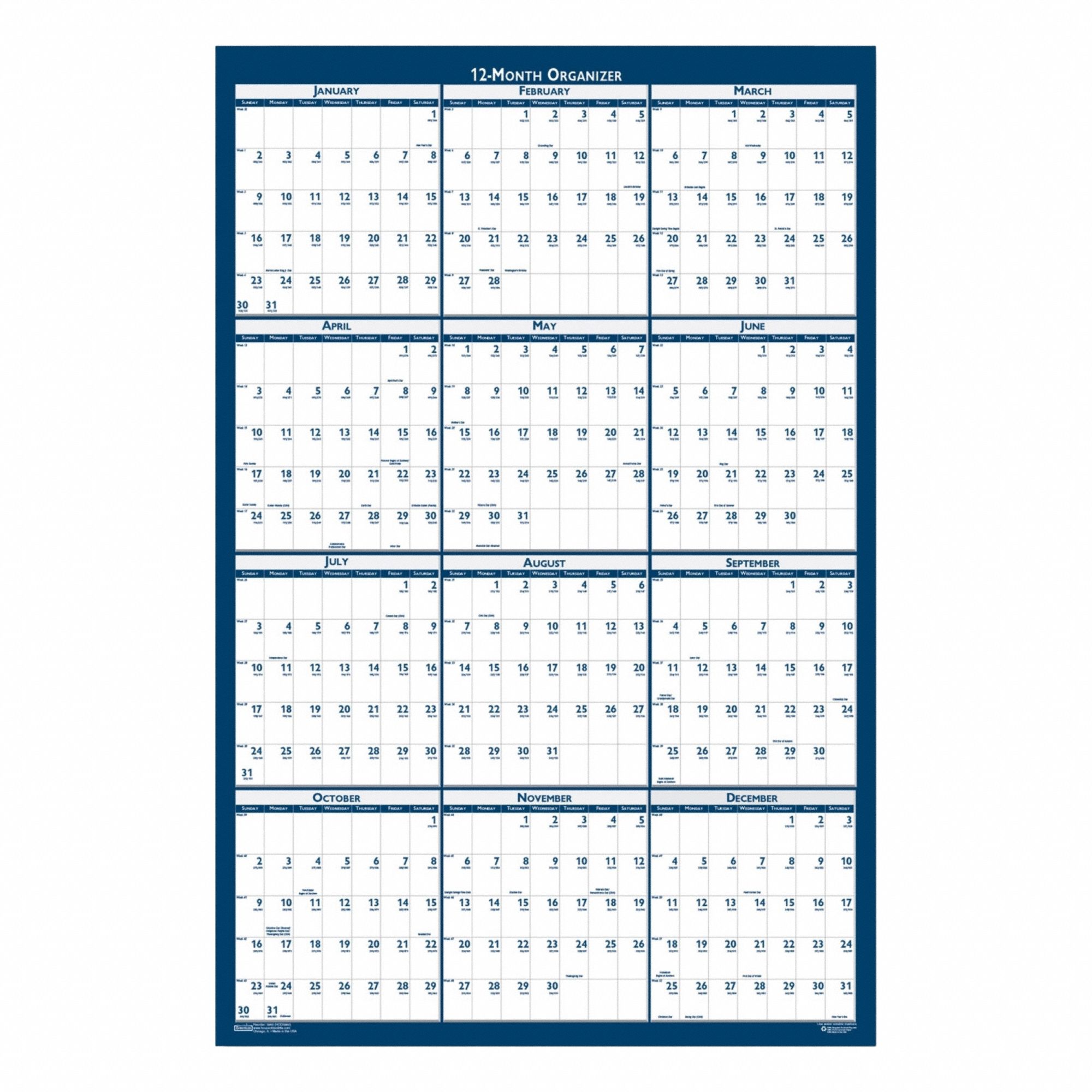 Wall Calendar: 66 in Sheet Ht, 33 in Sheet Wd, 12-Month (Jan-Dec)