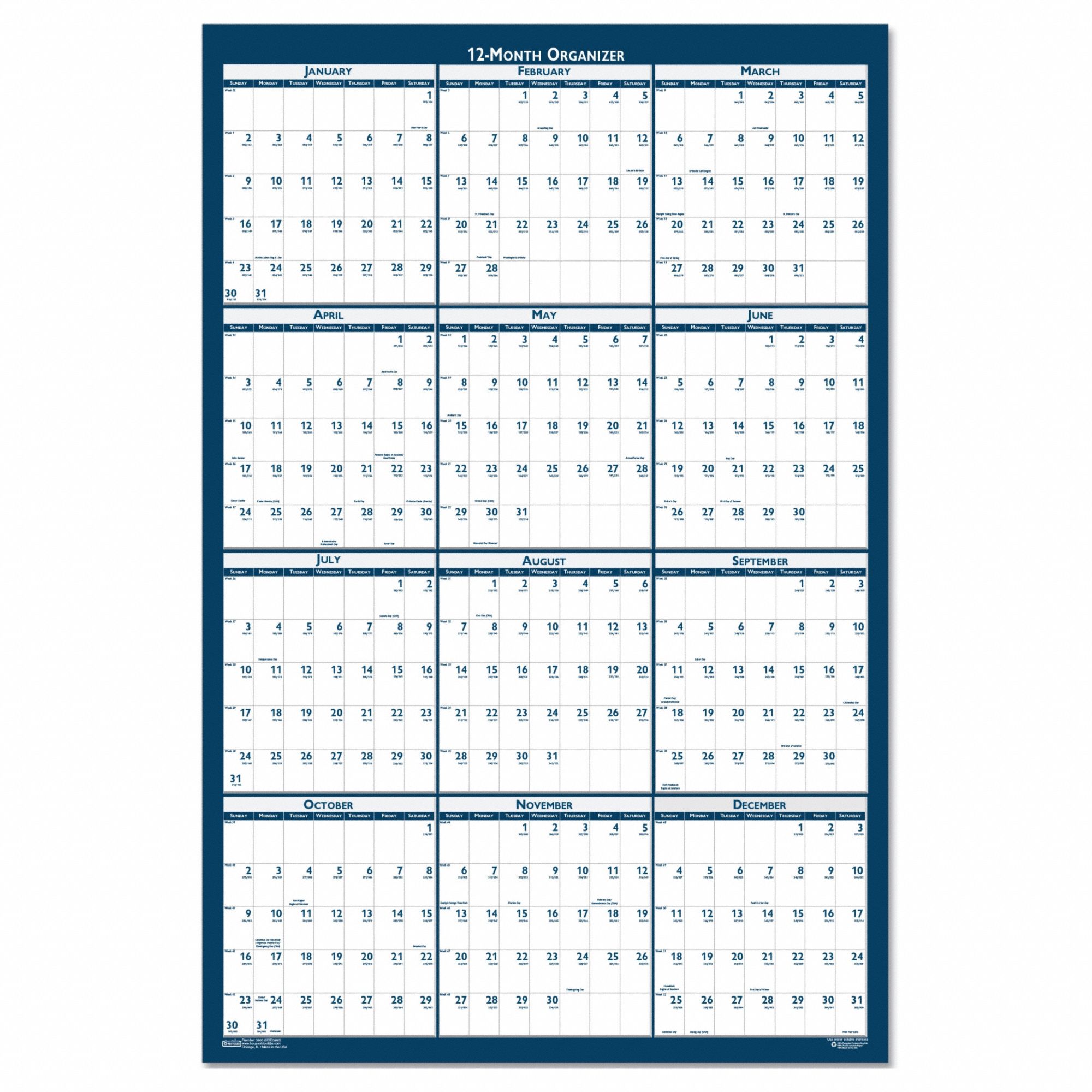 Wall Calendar: 37 in Sheet Ht, 24 in Sheet Wd, 12-Month (Jan-Dec)