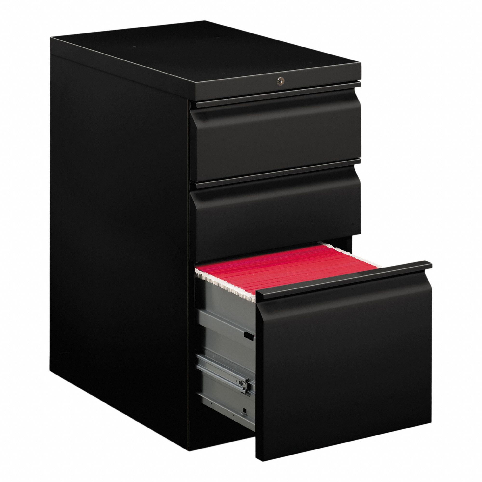 Mobile Pedestal with Drawer: Black, 3 Drawers, 28 in Overall Ht, 22 7/8 in Overall Dp, Steel